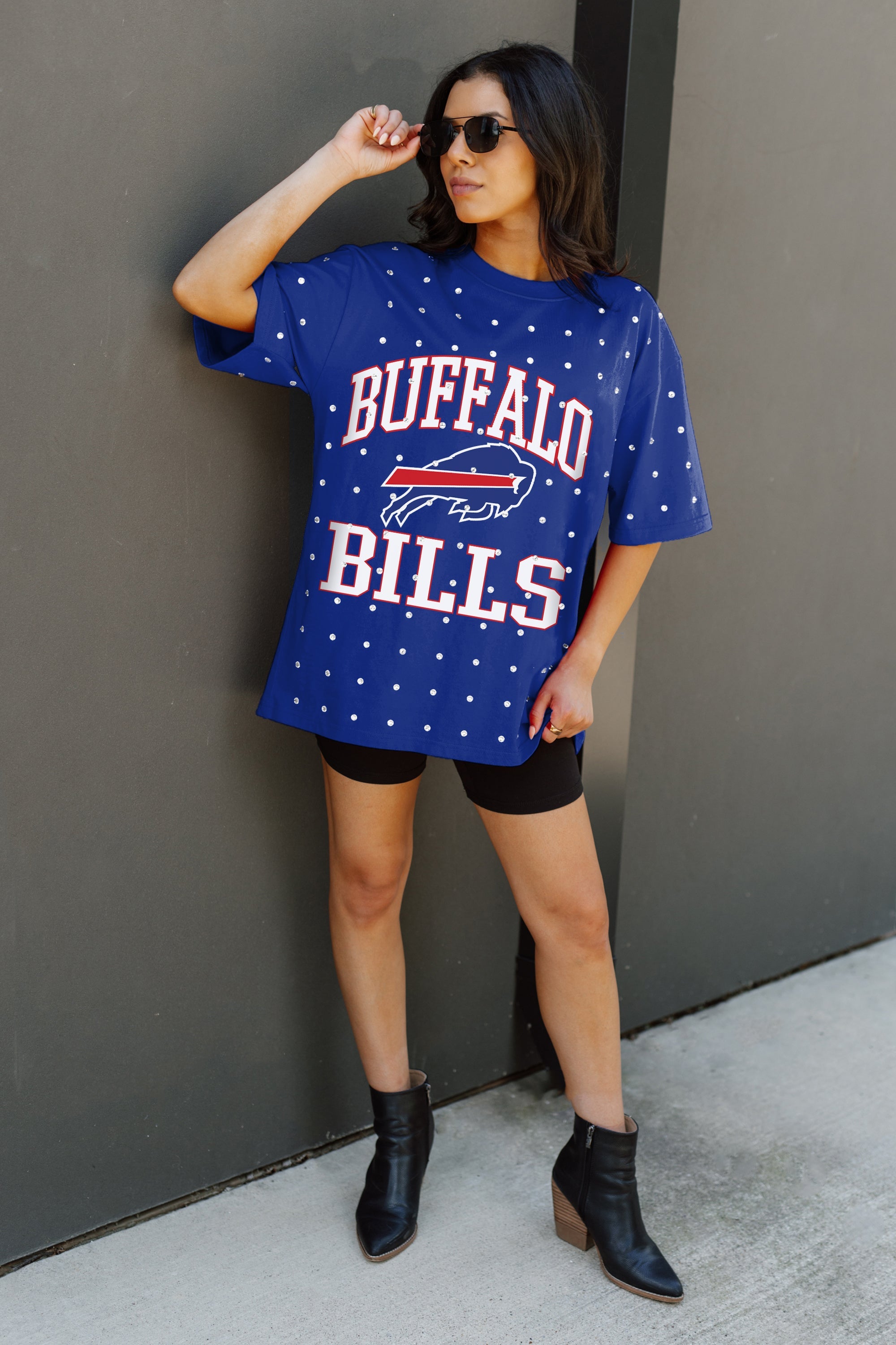 BUFFALO BILLS IN THE ZONE OVERSIZED ALL-OVER RHINESTONE SHORT SLEEVE GAMEDAY TEE