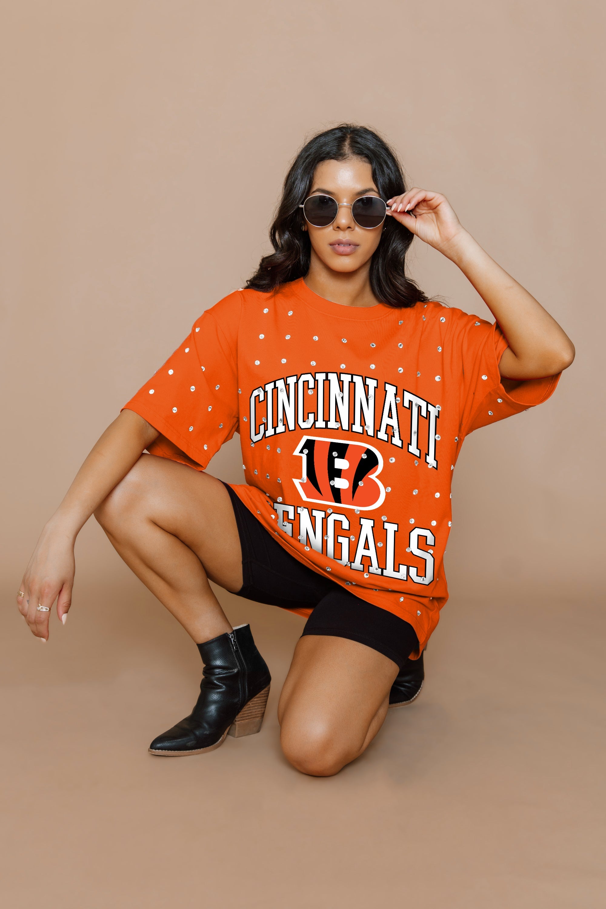 CINCINNATI BENGALS IN THE ZONE OVERSIZED ALL-OVER RHINESTONE SHORT SLEEVE GAMEDAY TEE