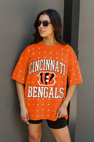 CINCINNATI BENGALS IN THE ZONE OVERSIZED ALL-OVER RHINESTONE SHORT SLEEVE GAMEDAY TEE