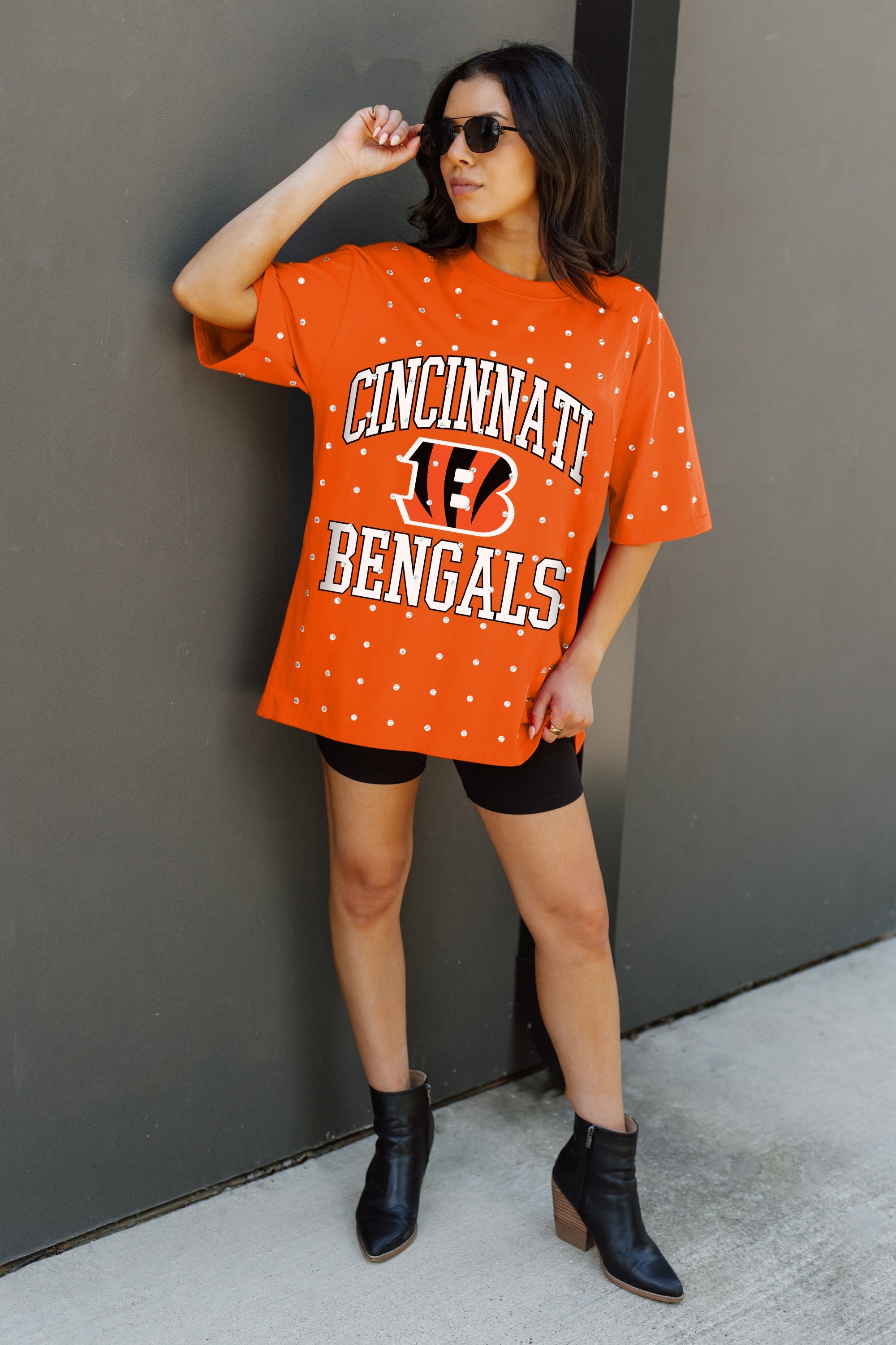 CINCINNATI BENGALS IN THE ZONE OVERSIZED ALL-OVER RHINESTONE SHORT SLEEVE GAMEDAY TEE