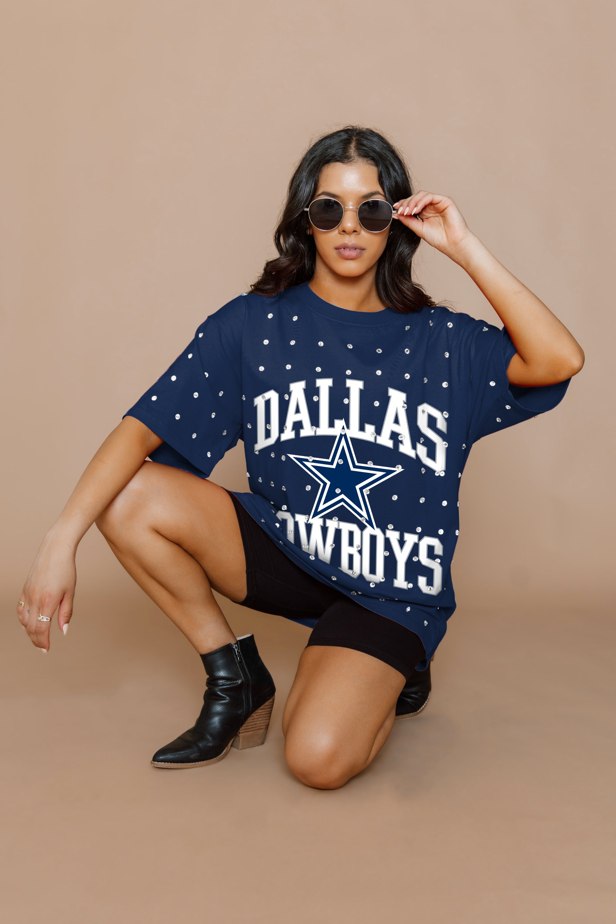 DALLAS COWBOYS IN THE ZONE OVERSIZED ALL-OVER RHINESTONE SHORT SLEEVE GAMEDAY TEE