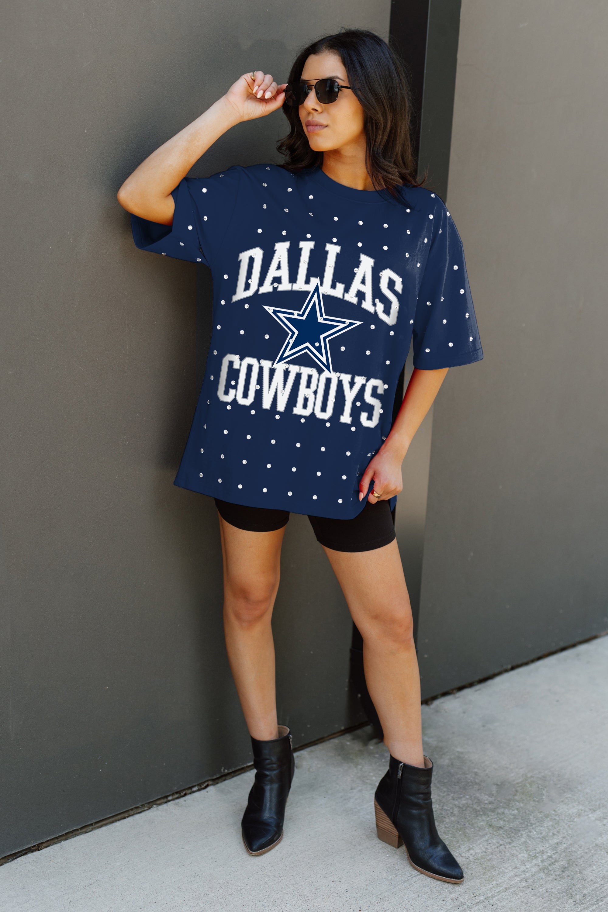 DALLAS COWBOYS IN THE ZONE OVERSIZED ALL-OVER RHINESTONE SHORT SLEEVE GAMEDAY TEE