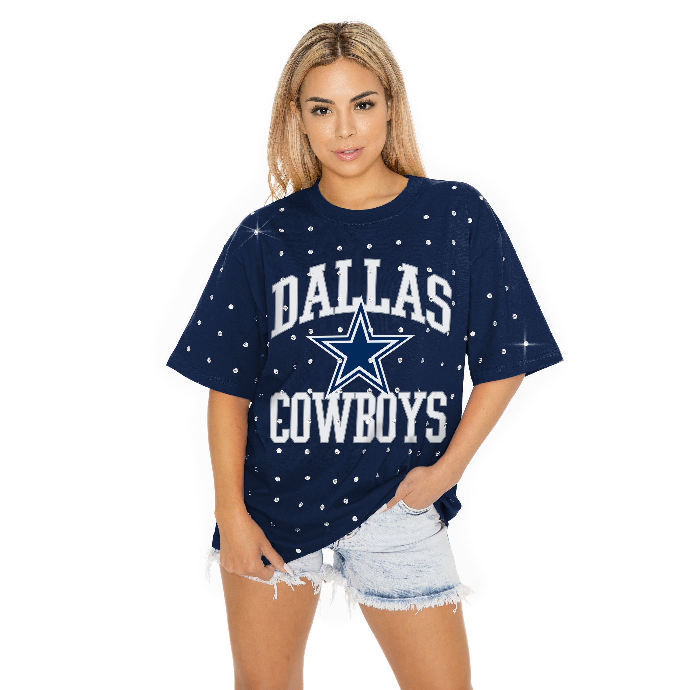 DALLAS COWBOYS IN THE ZONE OVERSIZED ALL-OVER RHINESTONE SHORT SLEEVE GAMEDAY TEE