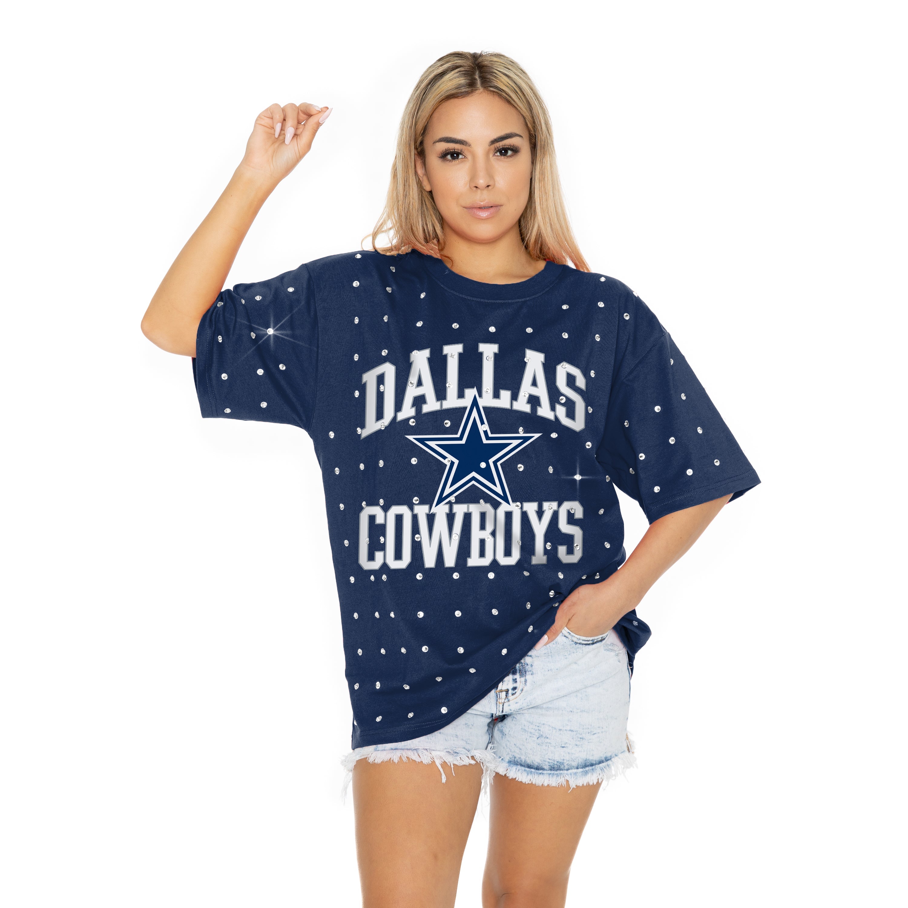 DALLAS COWBOYS IN THE ZONE OVERSIZED ALL-OVER RHINESTONE SHORT SLEEVE GAMEDAY TEE