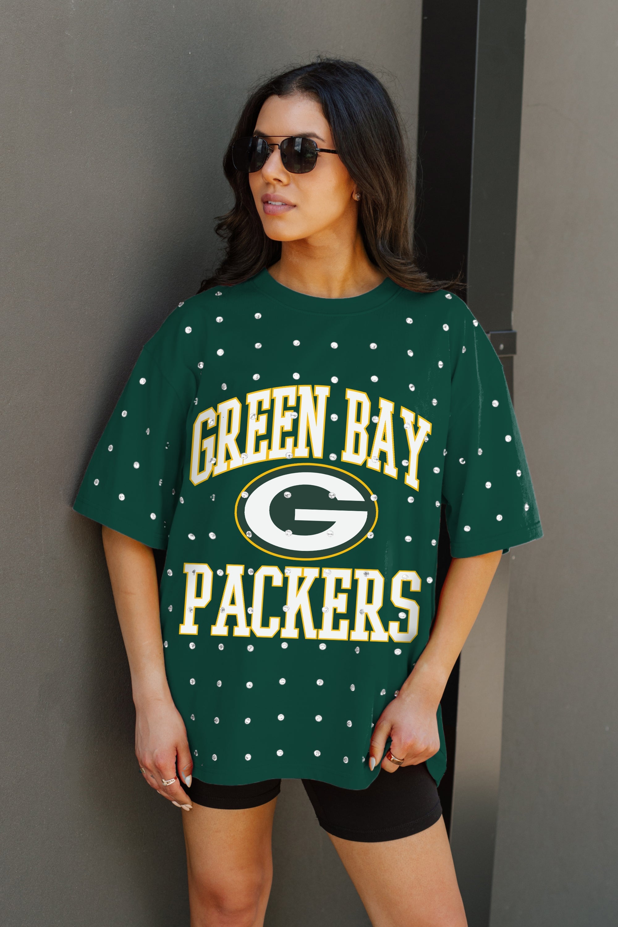 GREEN BAY PACKERS IN THE ZONE OVERSIZED ALL-OVER RHINESTONE SHORT SLEEVE GAMEDAY TEE