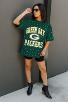 GREEN BAY PACKERS IN THE ZONE OVERSIZED ALL-OVER RHINESTONE SHORT SLEEVE GAMEDAY TEE