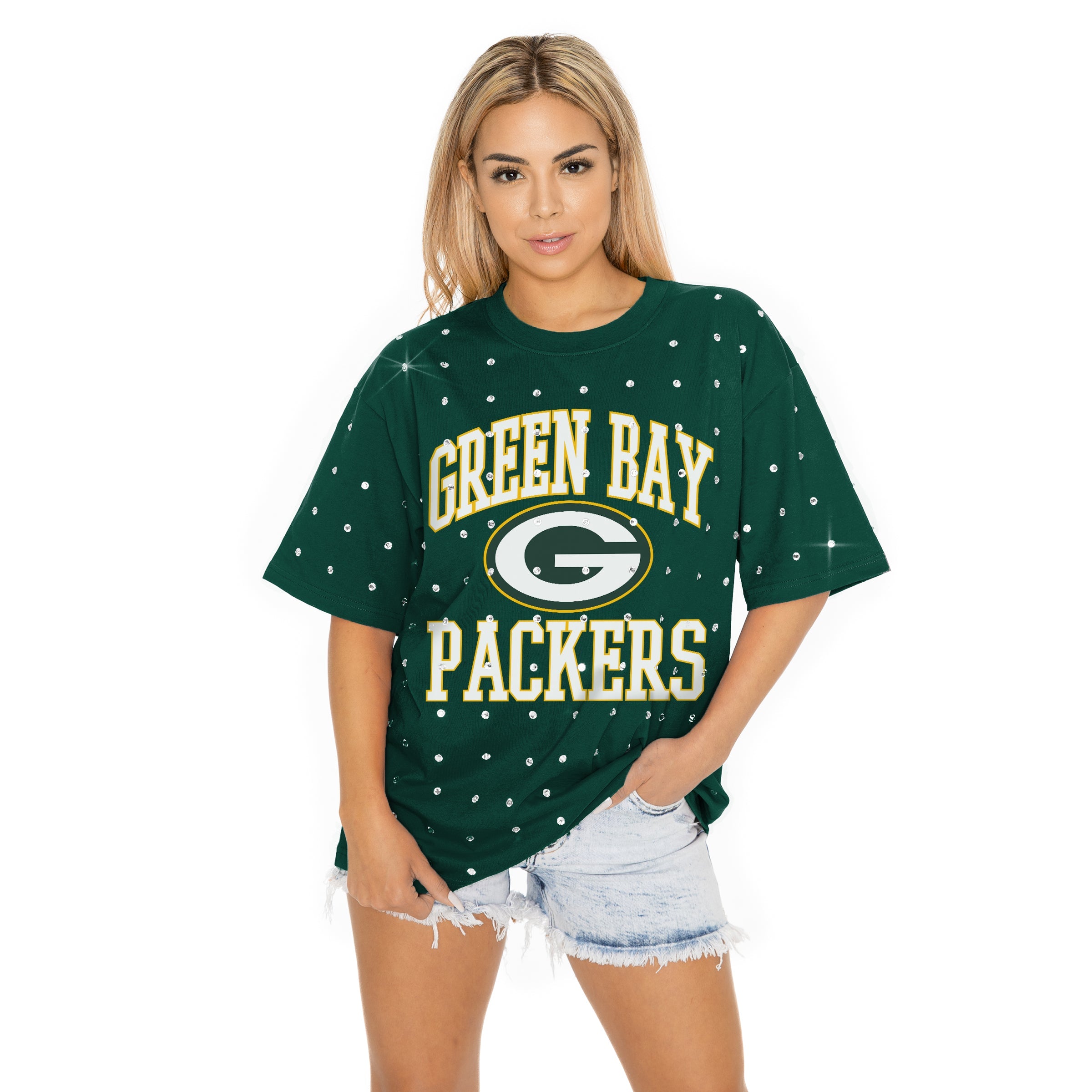 GREEN BAY PACKERS IN THE ZONE OVERSIZED ALL-OVER RHINESTONE SHORT SLEEVE GAMEDAY TEE