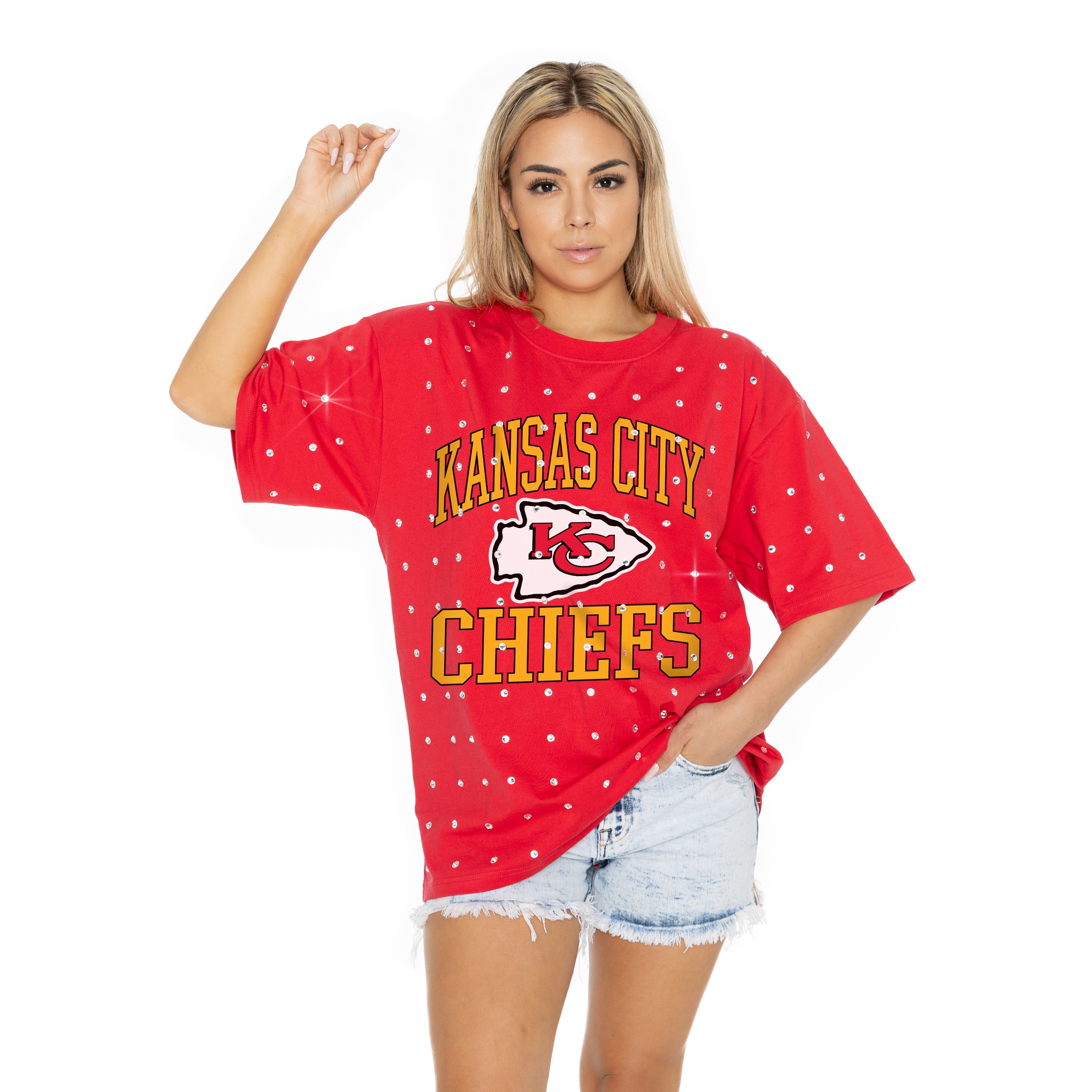 KANSAS CITY CHIEFS IN THE ZONE OVERSIZED ALL-OVER RHINESTONE SHORT SLEEVE GAMEDAY TEE