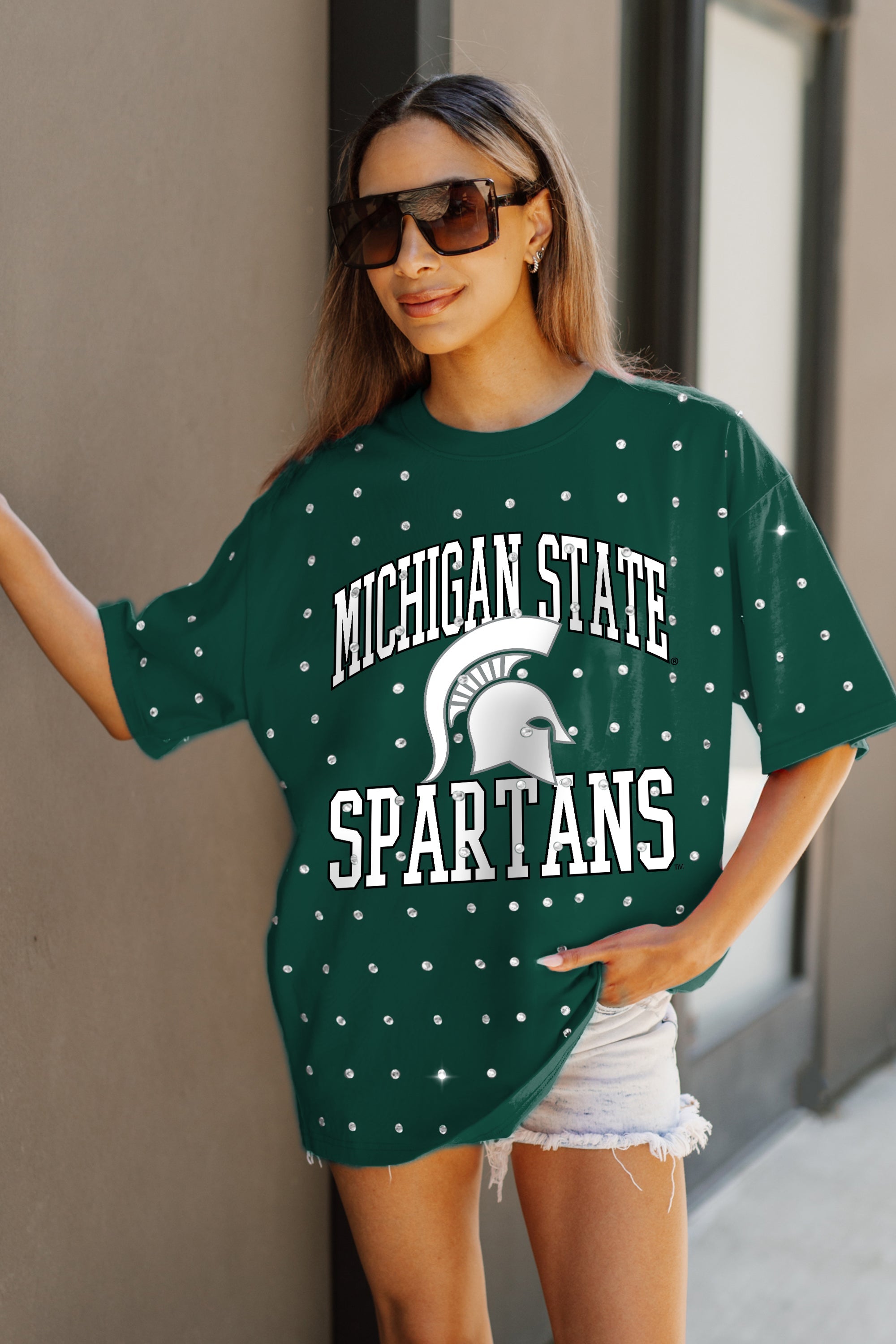 MICHIGAN STATE SPARTANS IN THE ZONE OVERSIZED ALL-OVER RHINESTONE SHORT SLEEVE GAMEDAY TEE