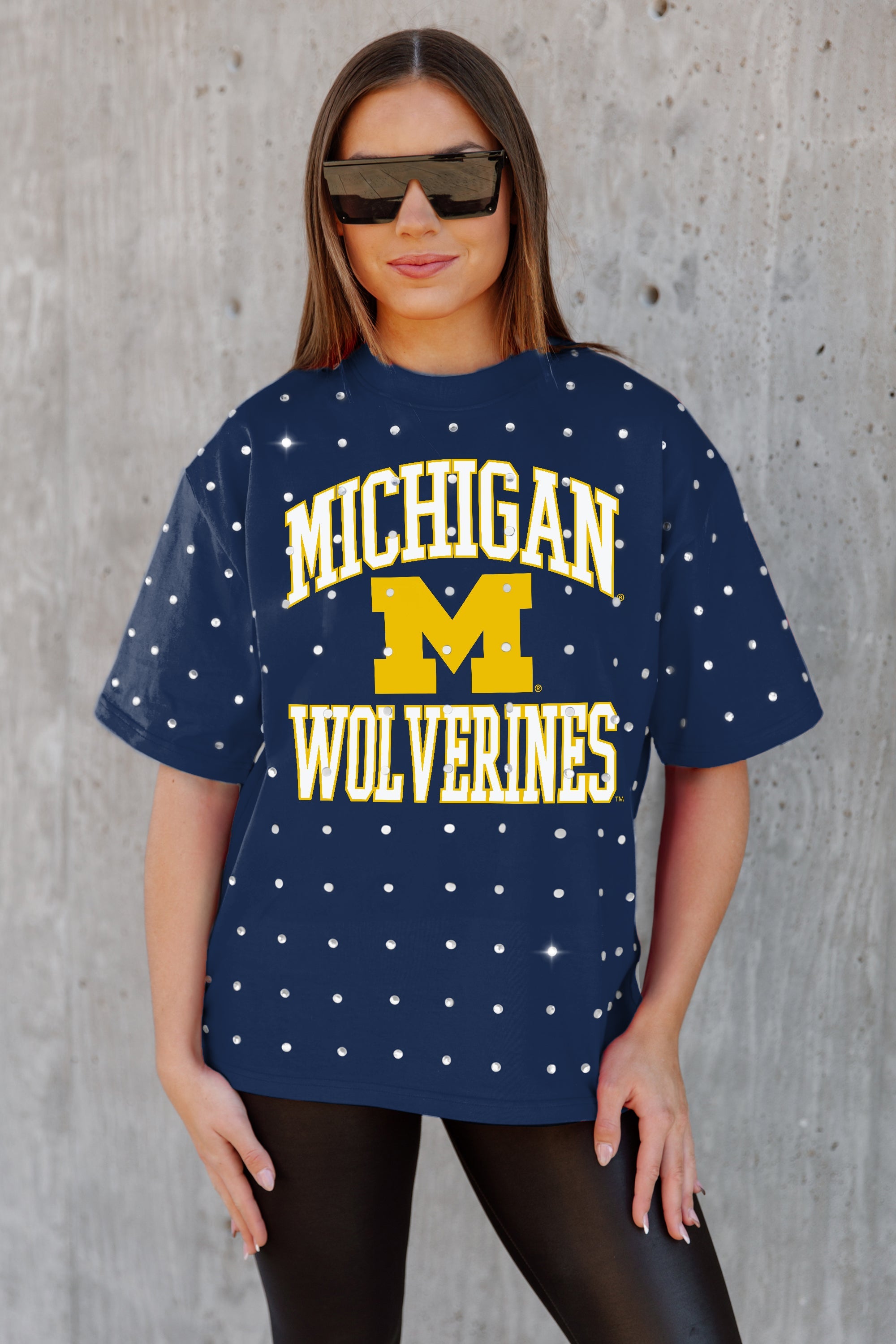 MICHIGAN WOLVERINES IN THE ZONE OVERSIZED ALL-OVER RHINESTONE SHORT SLEEVE GAMEDAY TEE