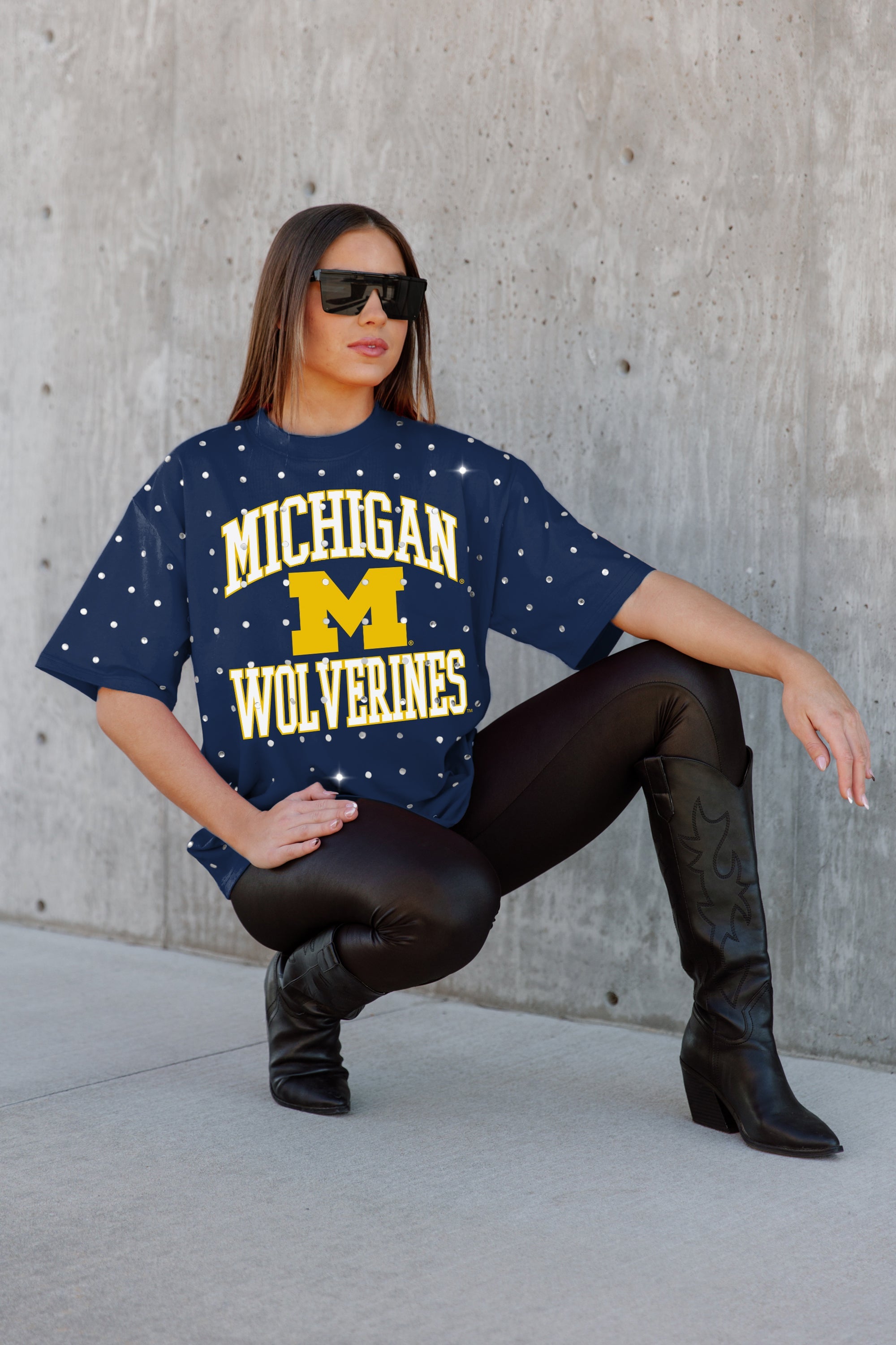 MICHIGAN WOLVERINES IN THE ZONE OVERSIZED ALL-OVER RHINESTONE SHORT SLEEVE GAMEDAY TEE