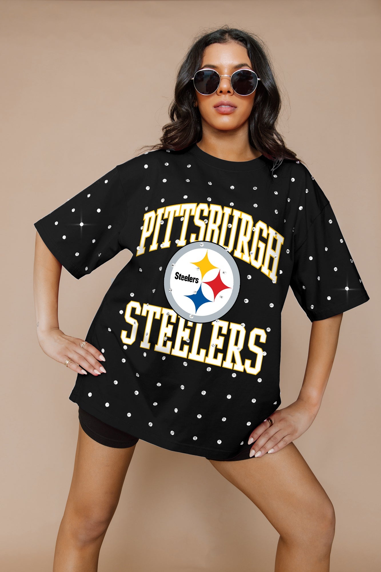 PITTSBURGH STEELERS IN THE ZONE OVERSIZED ALL-OVER RHINESTONE SHORT SLEEVE GAMEDAY TEE