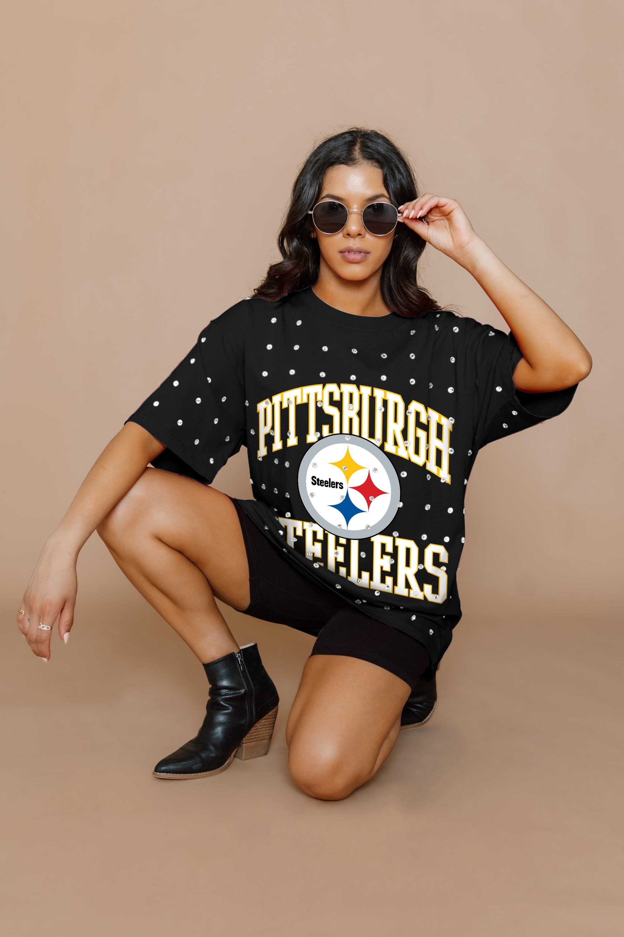 PITTSBURGH STEELERS IN THE ZONE OVERSIZED ALL-OVER RHINESTONE SHORT SLEEVE GAMEDAY TEE