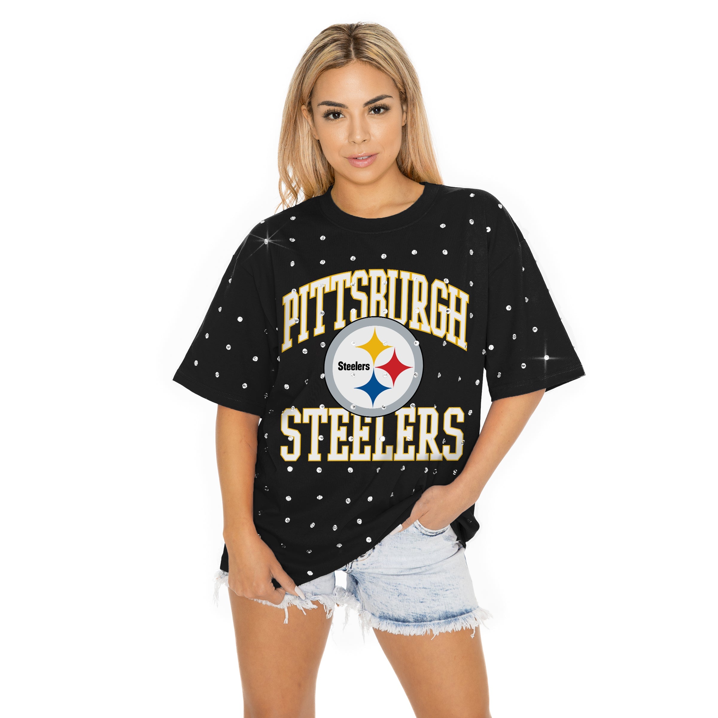 PITTSBURGH STEELERS IN THE ZONE OVERSIZED ALL-OVER RHINESTONE SHORT SLEEVE GAMEDAY TEE