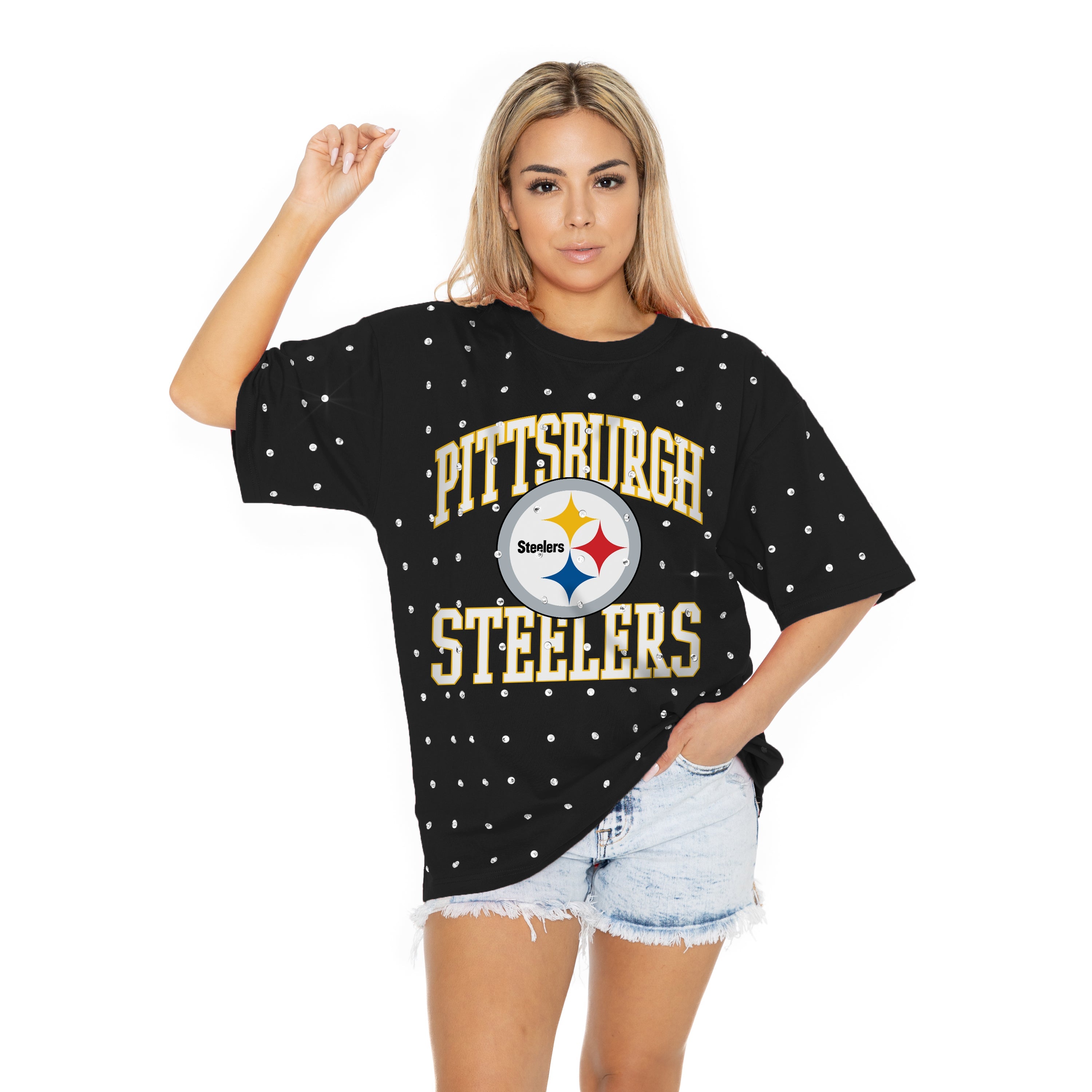 PITTSBURGH STEELERS IN THE ZONE OVERSIZED ALL-OVER RHINESTONE SHORT SLEEVE GAMEDAY TEE