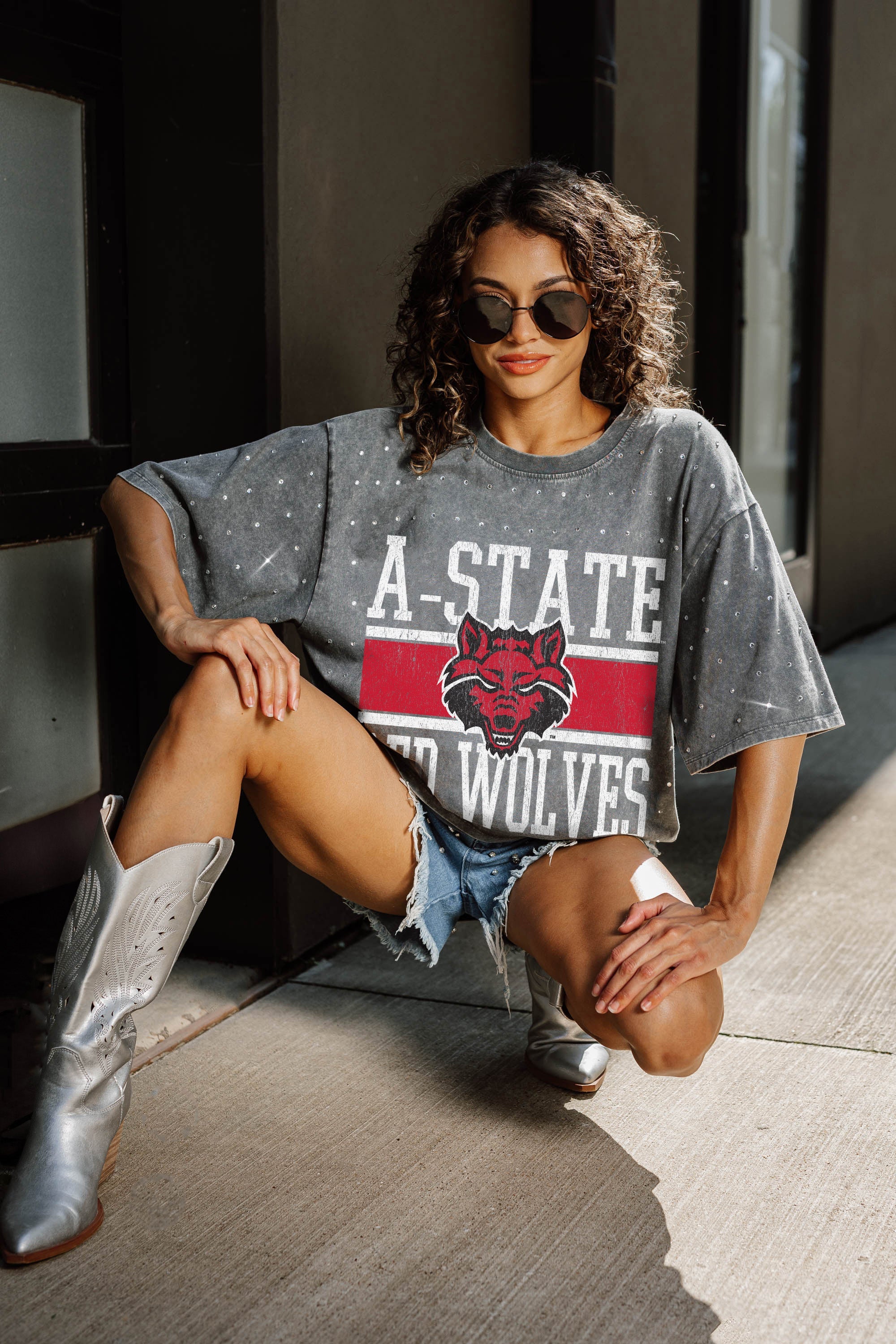 ARKANSAS STATE RED WOLVES ON THE BALL MINI RHINESTONE SHORT SLEEVE CLASSIC TEE