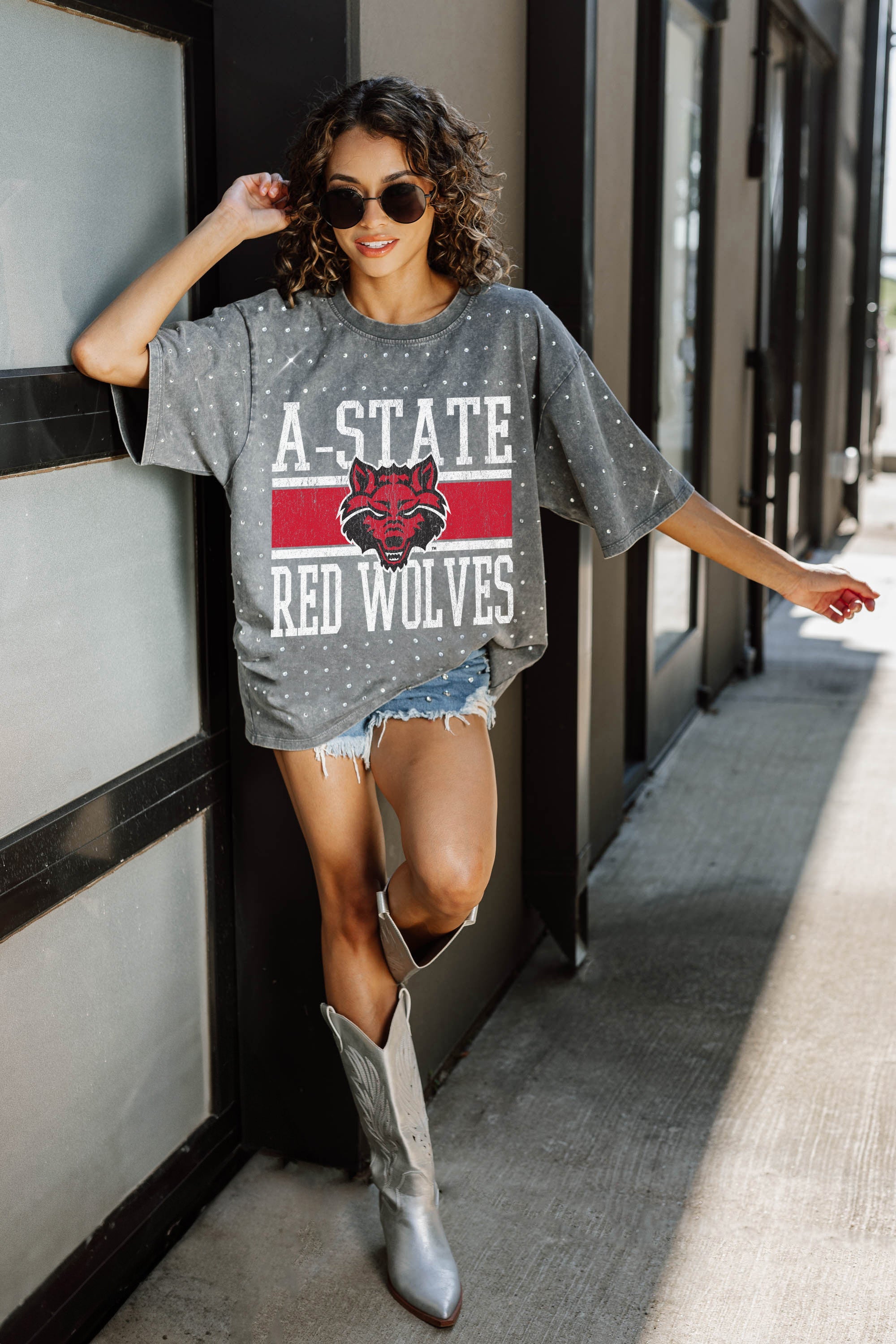 ARKANSAS STATE RED WOLVES ON THE BALL MINI RHINESTONE SHORT SLEEVE CLASSIC TEE