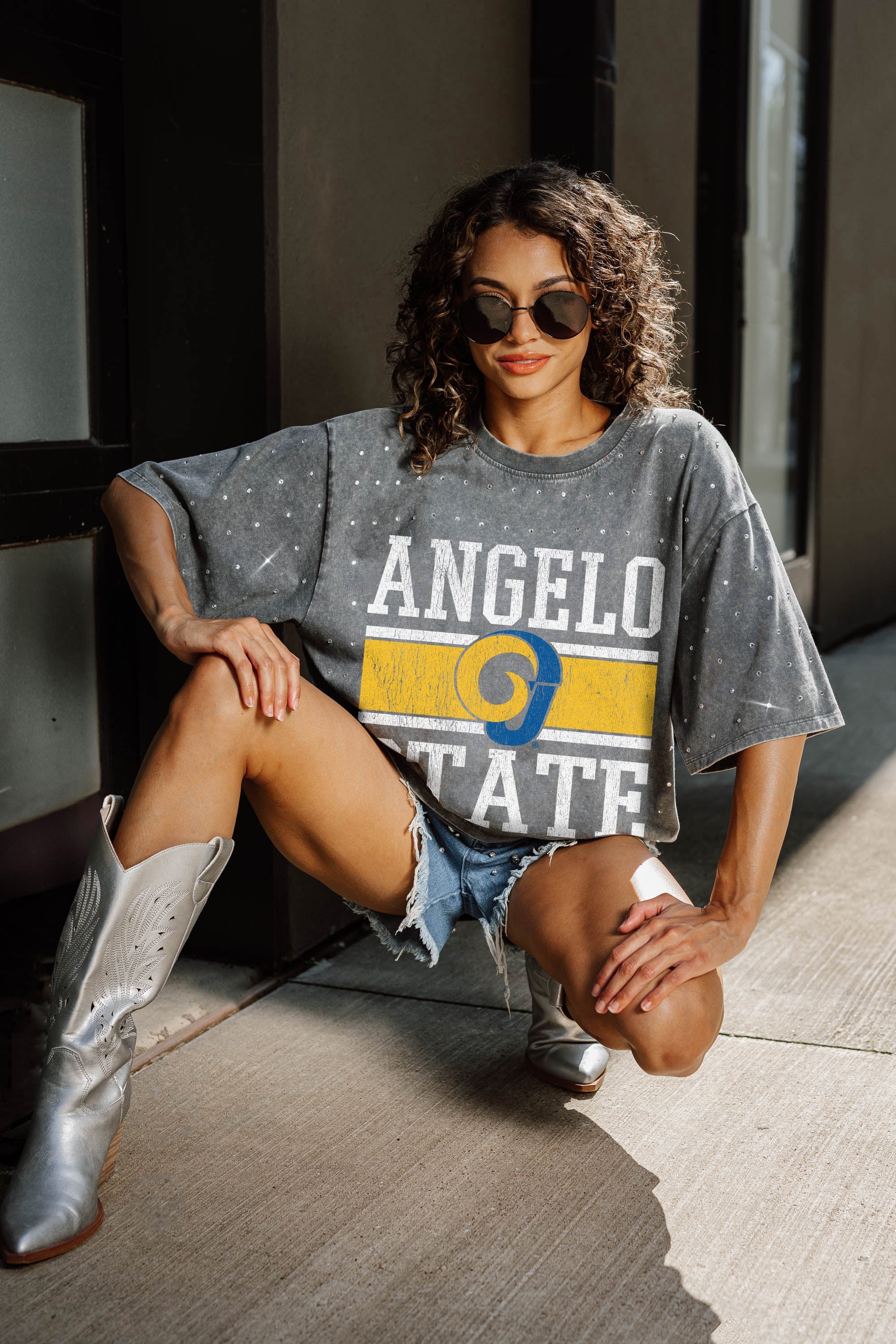 ANGELO STATE RAMS ON THE BALL MINI RHINESTONE SHORT SLEEVE CLASSIC TEE