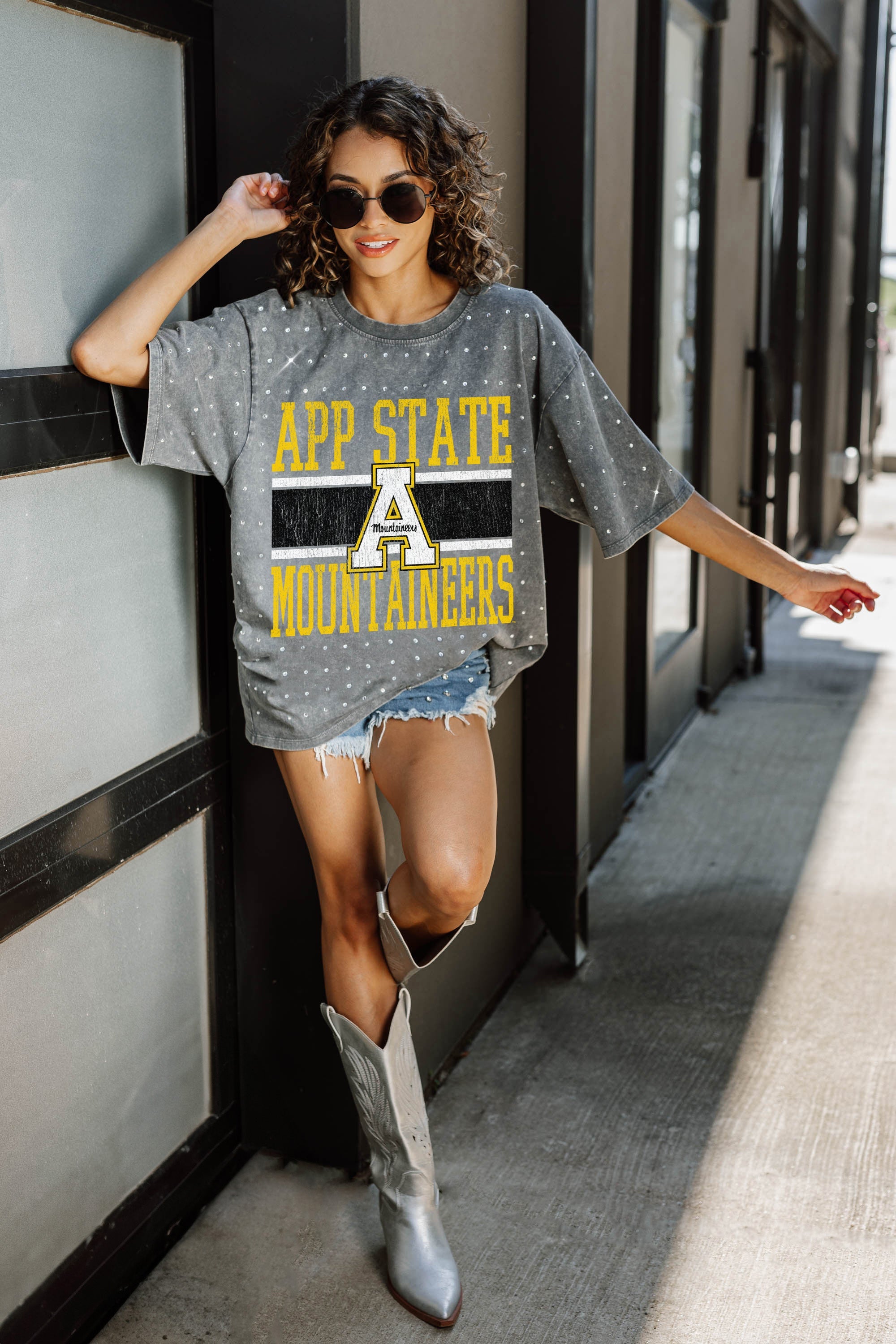 APPALACHIAN STATE MOUNTAINEERS ON THE BALL MINI RHINESTONE SHORT SLEEVE CLASSIC TEE