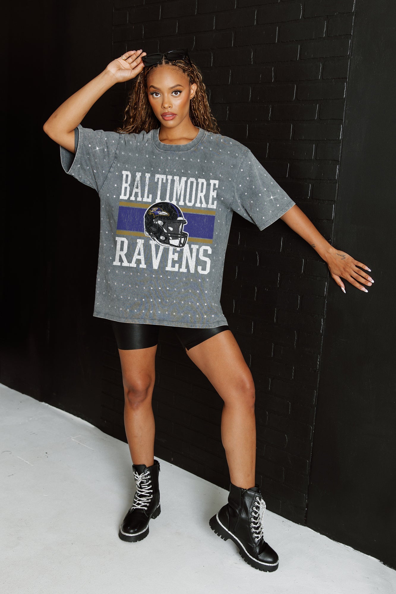 BALTIMORE RAVENS ON THE BALL MINI RHINESTONE SHORT SLEEVE CLASSIC TEE