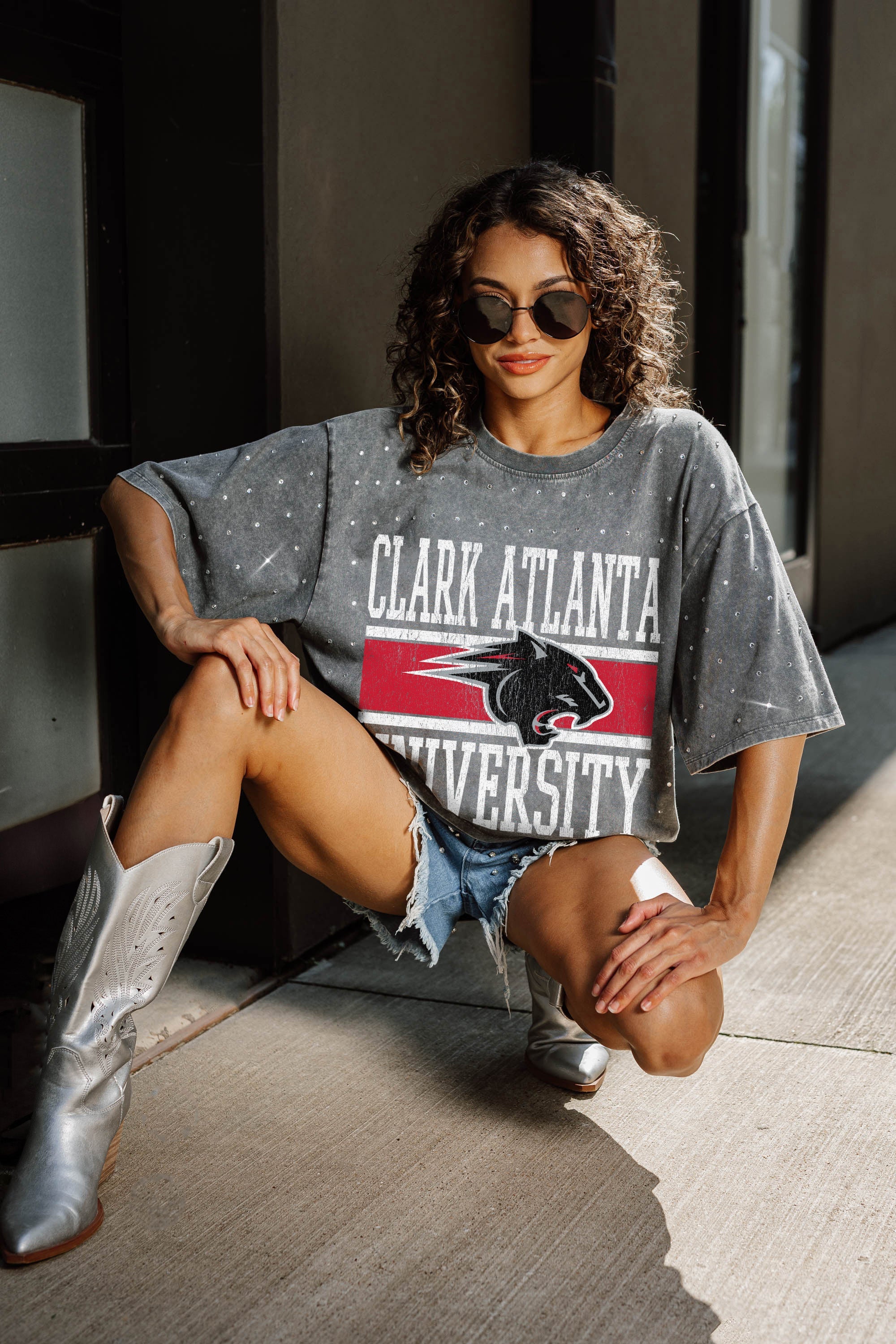 CLARK ATLANTA UNIVERSITY PANTHERS ON THE BALL MINI RHINESTONE SHORT SLEEVE CLASSIC TEE