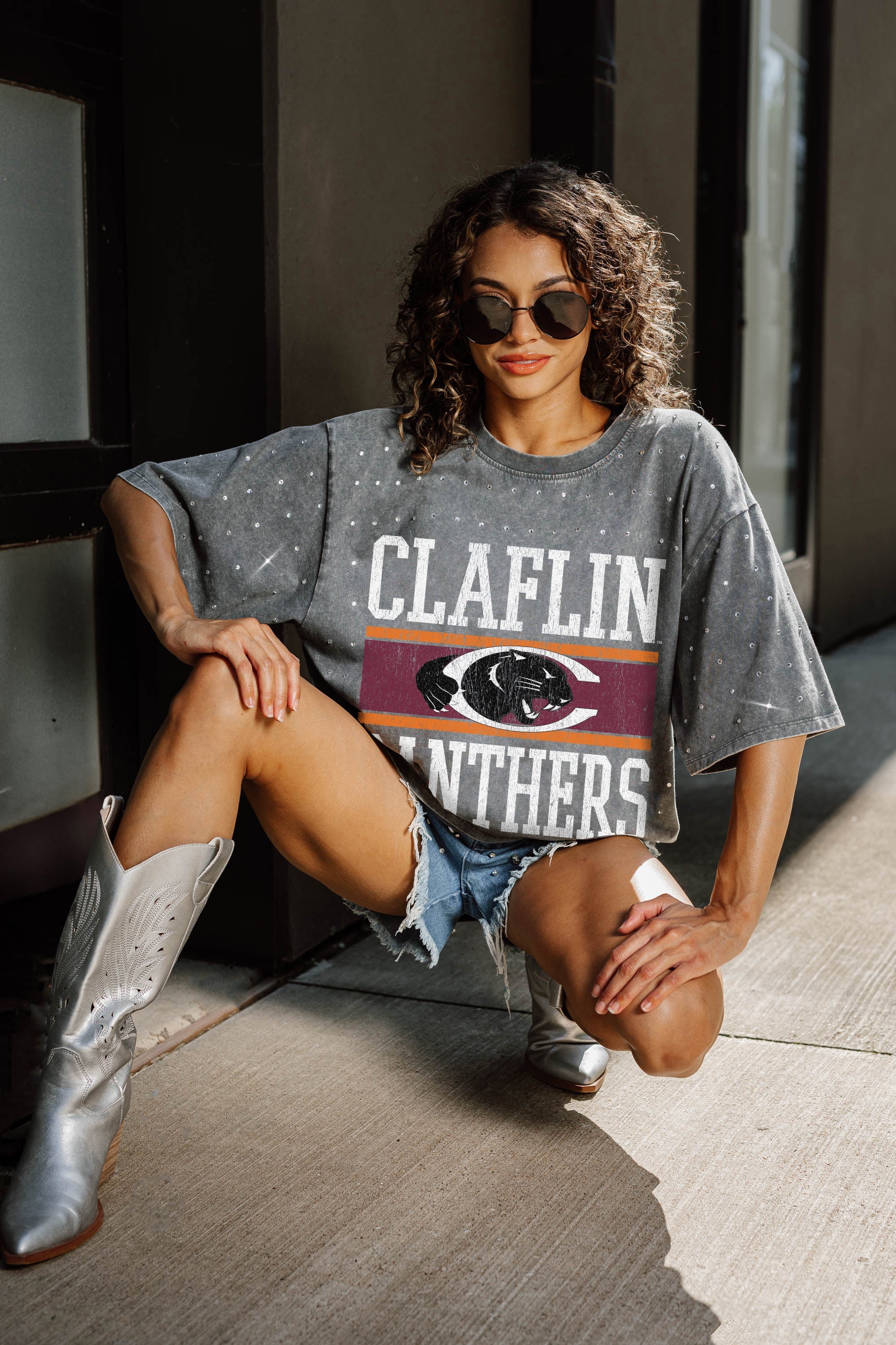 CLAFLIN PANTHERS ON THE BALL MINI RHINESTONE SHORT SLEEVE CLASSIC TEE