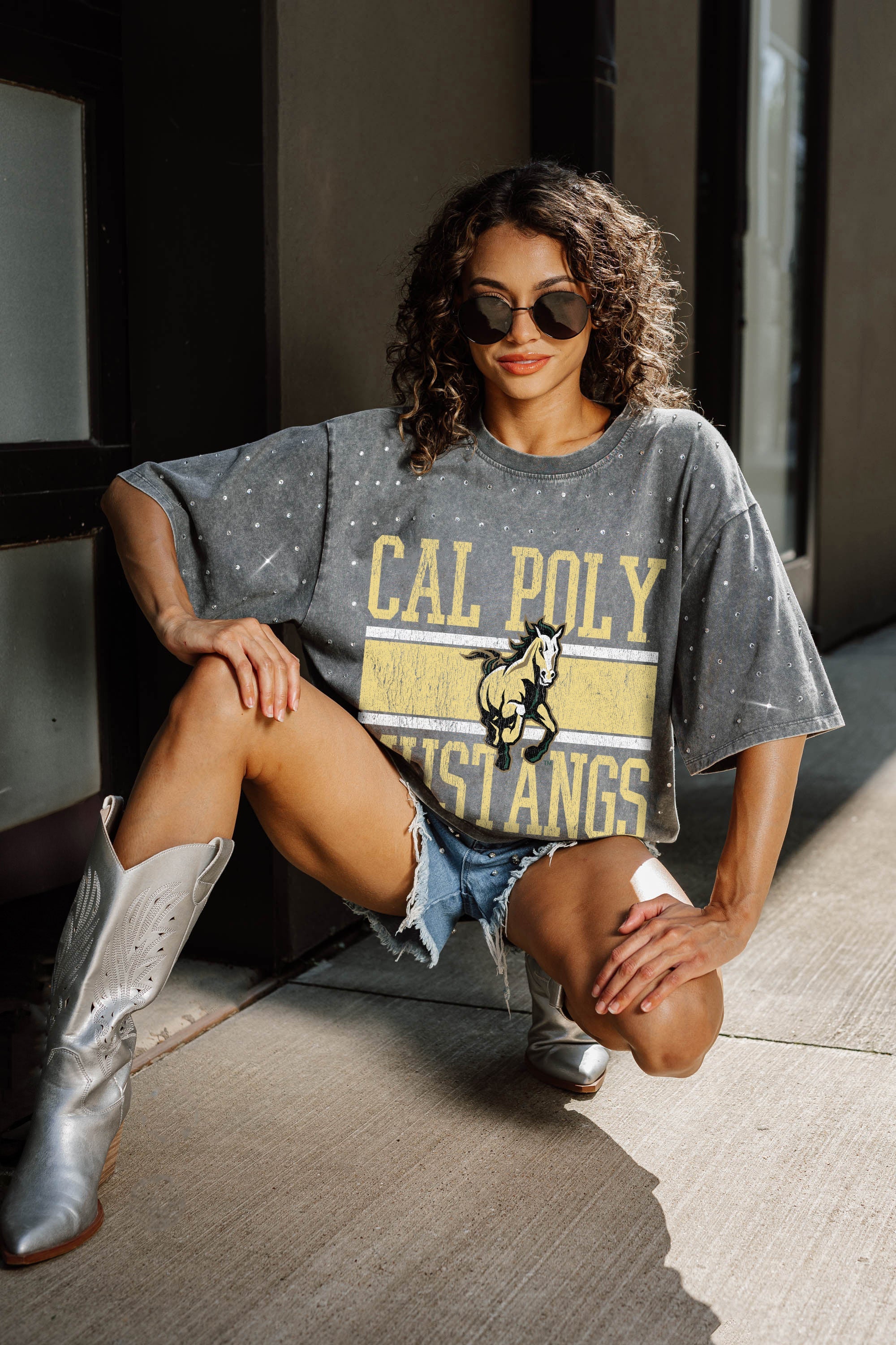 CAL POLY MUSTANGS ON THE BALL MINI RHINESTONE SHORT SLEEVE CLASSIC TEE