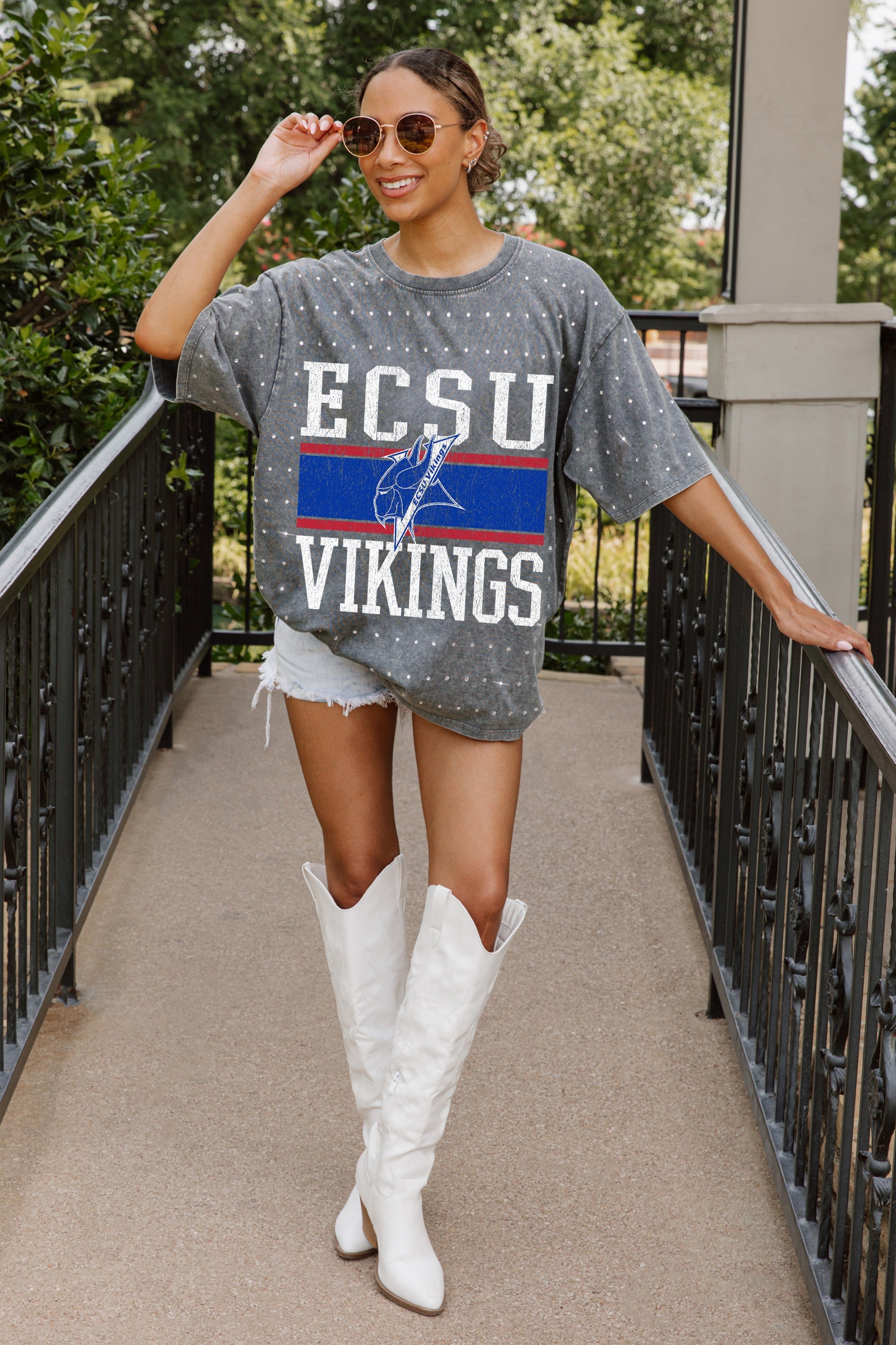 ELIZABETH CITY STATE UNIVERSITY VIKINGS ON THE BALL MINI RHINESTONE SHORT  SLEEVE CLASSIC TEE