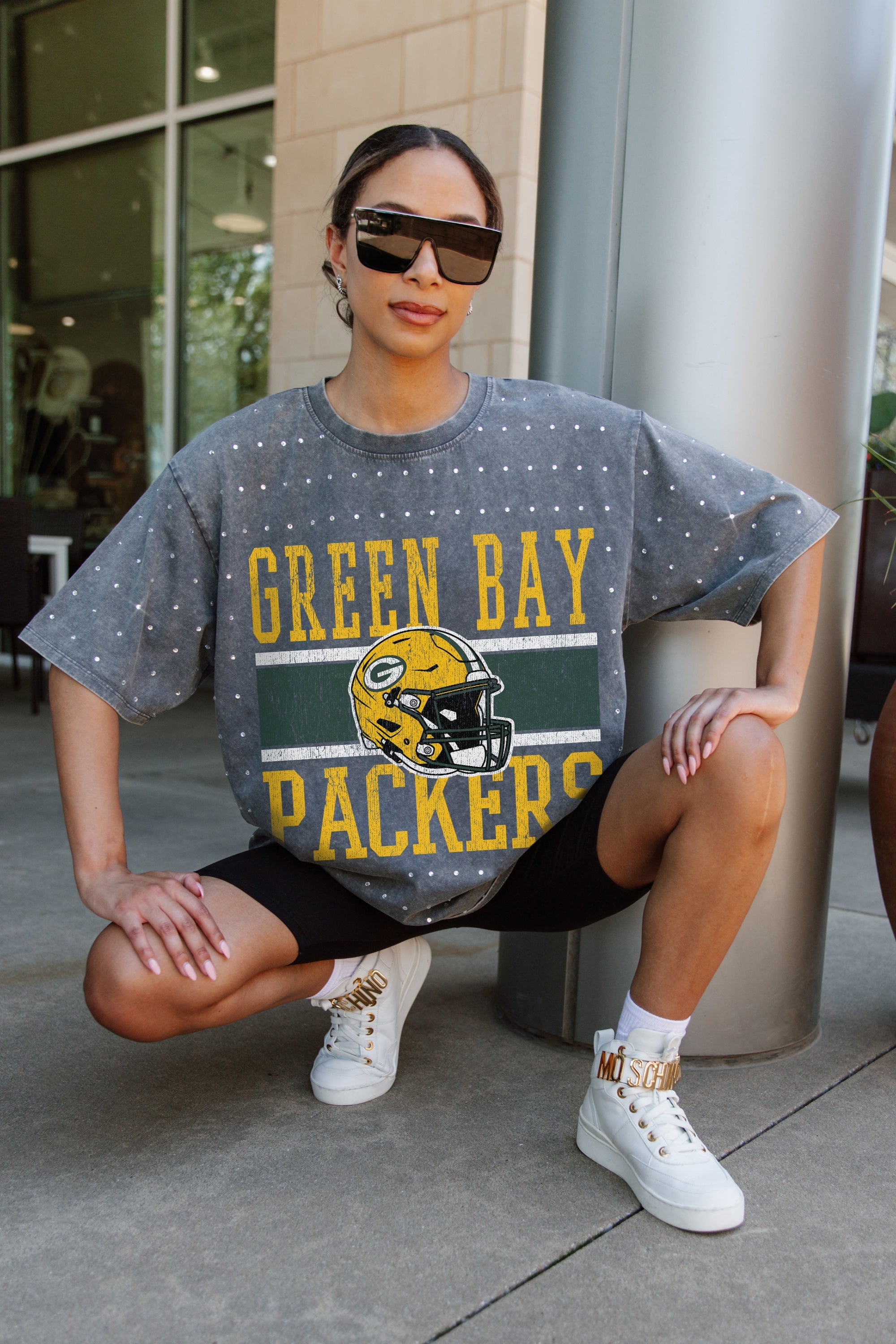 Women s Gameday Couture Gray Green Bay Packers Oversized Mini Rhinestone Classic T Shirt Size XL