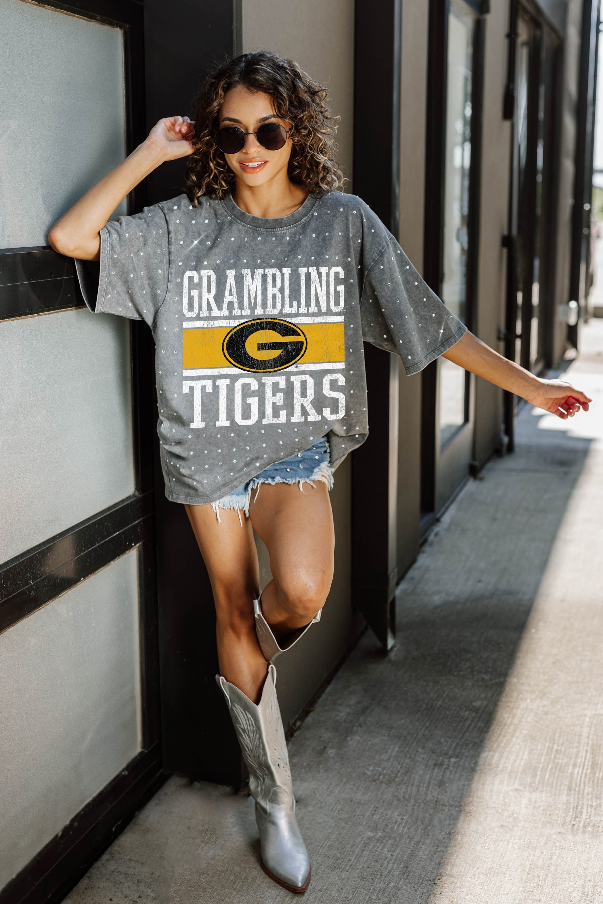 GRAMBLING STATE TIGERS ON THE BALL MINI RHINESTONE SHORT SLEEVE CLASSIC TEE