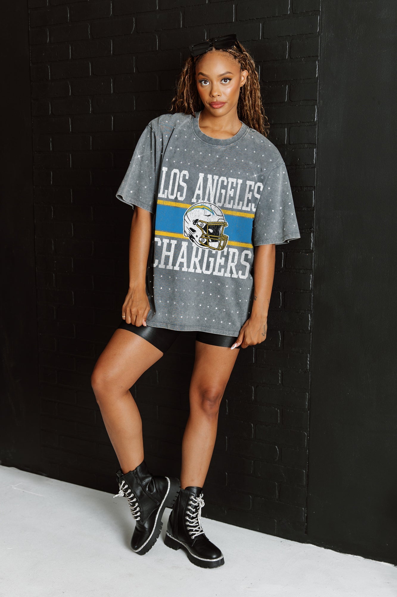 LOS ANGELES CHARGERS ON THE BALL MINI RHINESTONE SHORT SLEEVE CLASSIC TEE