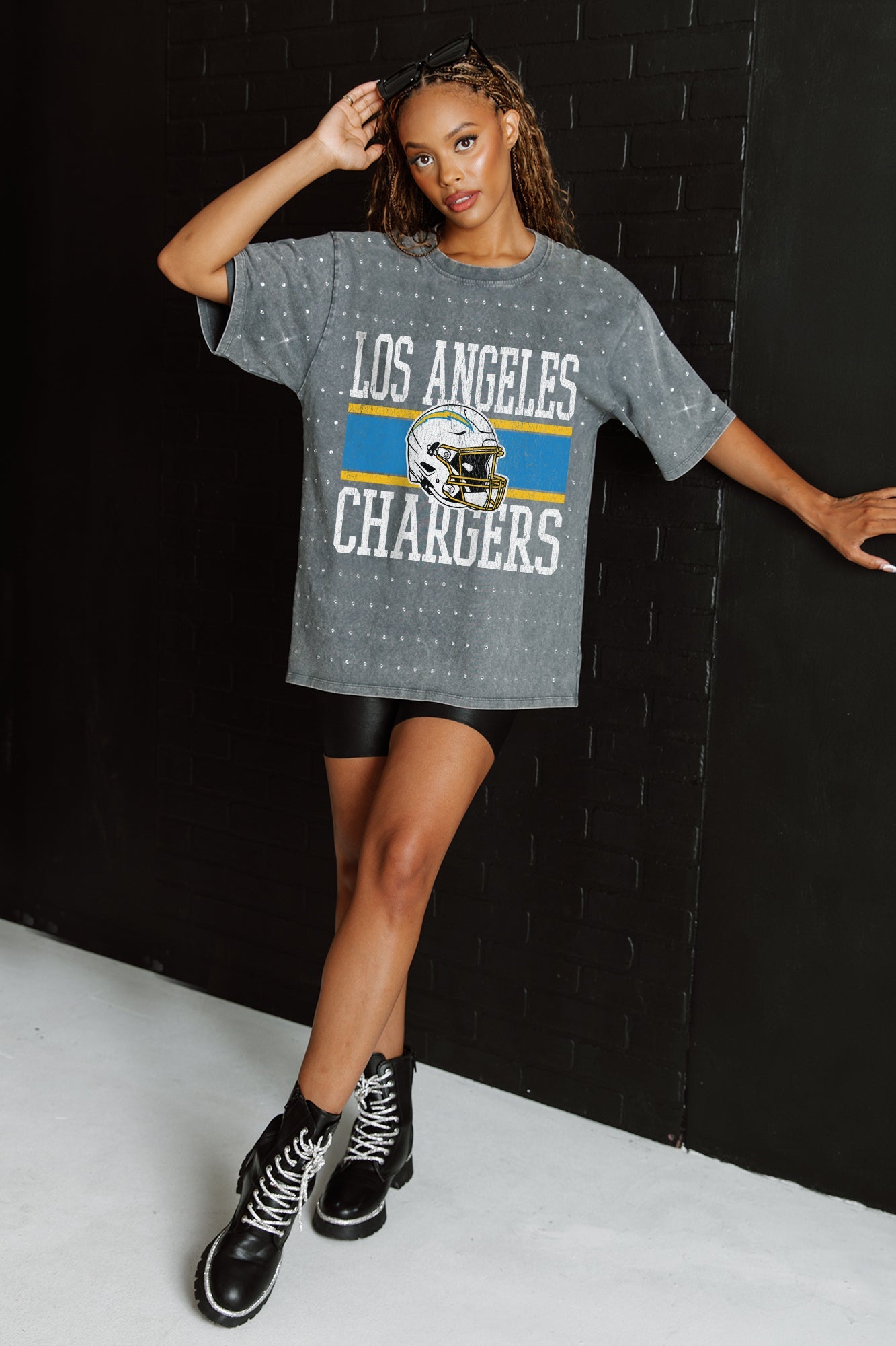 LOS ANGELES CHARGERS ON THE BALL MINI RHINESTONE SHORT SLEEVE CLASSIC TEE