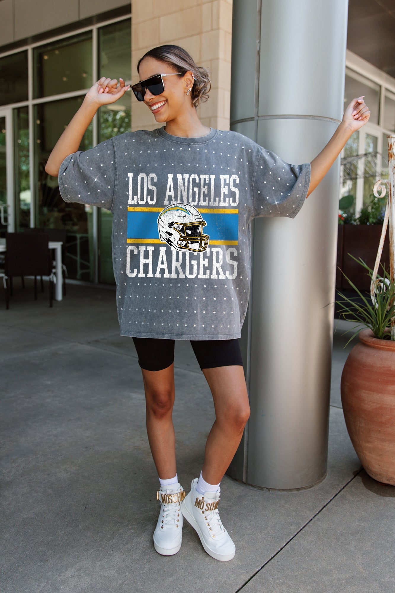 LOS ANGELES CHARGERS ON THE BALL MINI RHINESTONE SHORT SLEEVE CLASSIC TEE