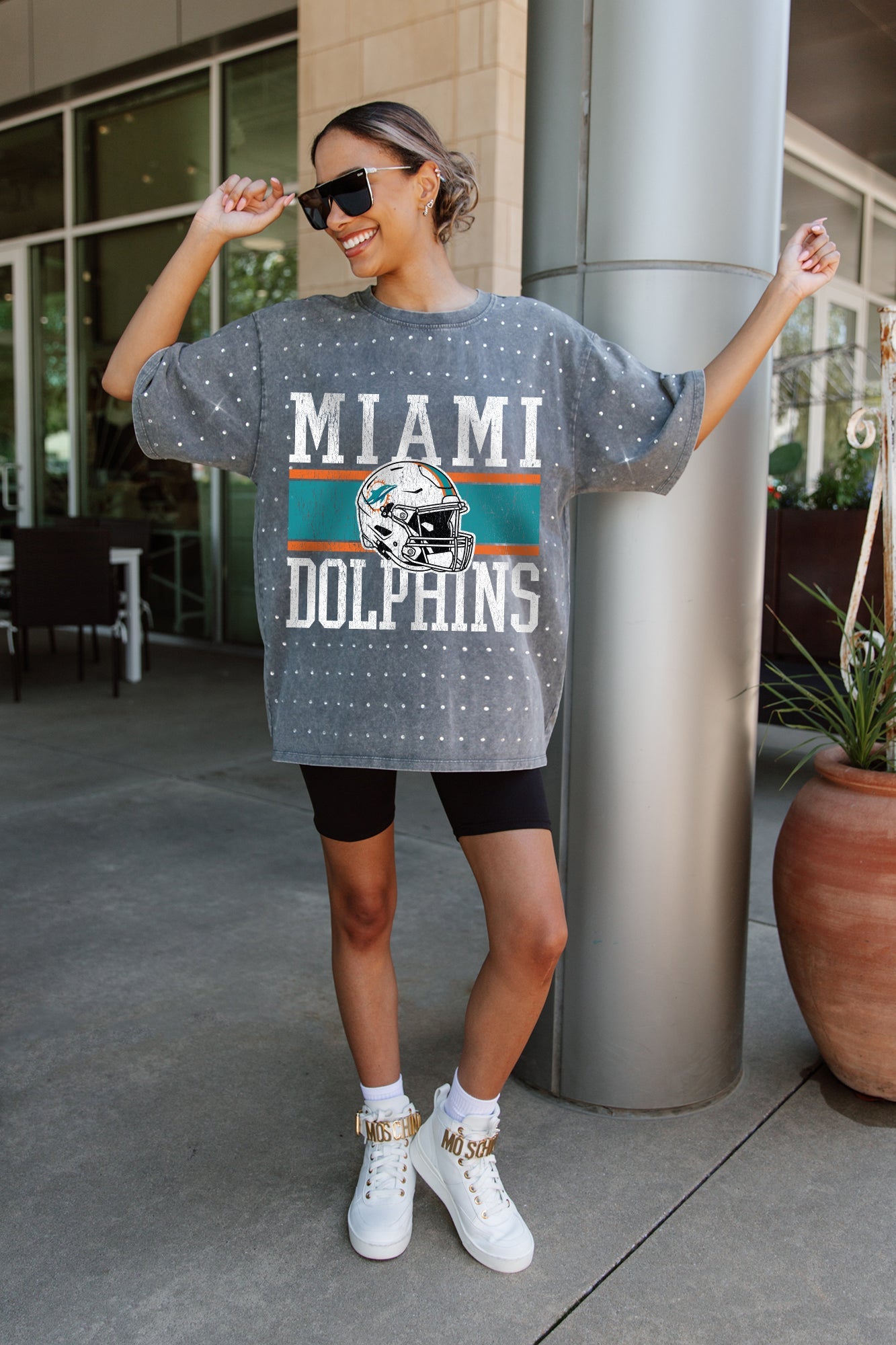 MIAMI DOLPHINS ON THE BALL MINI RHINESTONE SHORT SLEEVE CLASSIC TEE