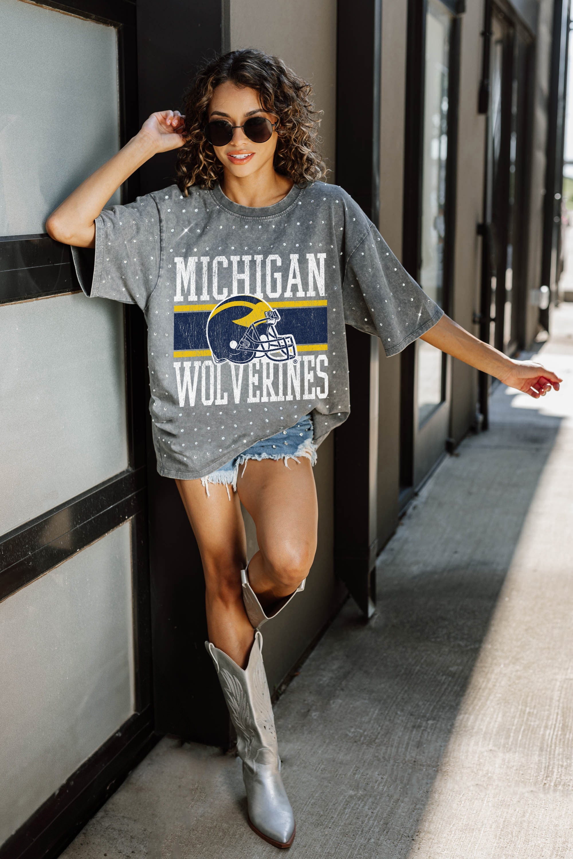 MICHIGAN WOLVERINES ON THE BALL MINI RHINESTONE SHORT SLEEVE CLASSIC TEE