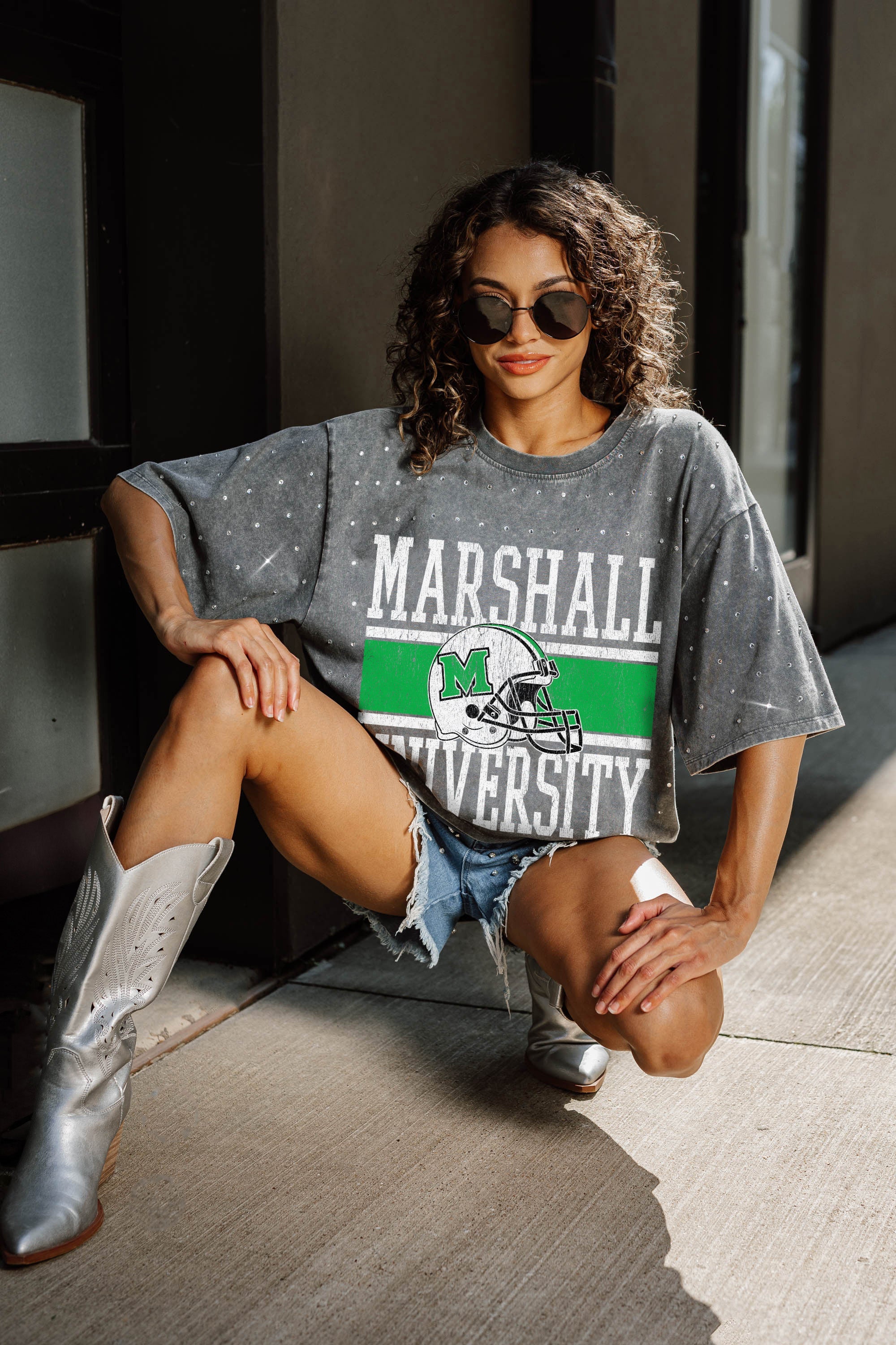 MARSHALL THUNDERING HERD ON THE BALL MINI RHINESTONE SHORT SLEEVE CLASSIC TEE