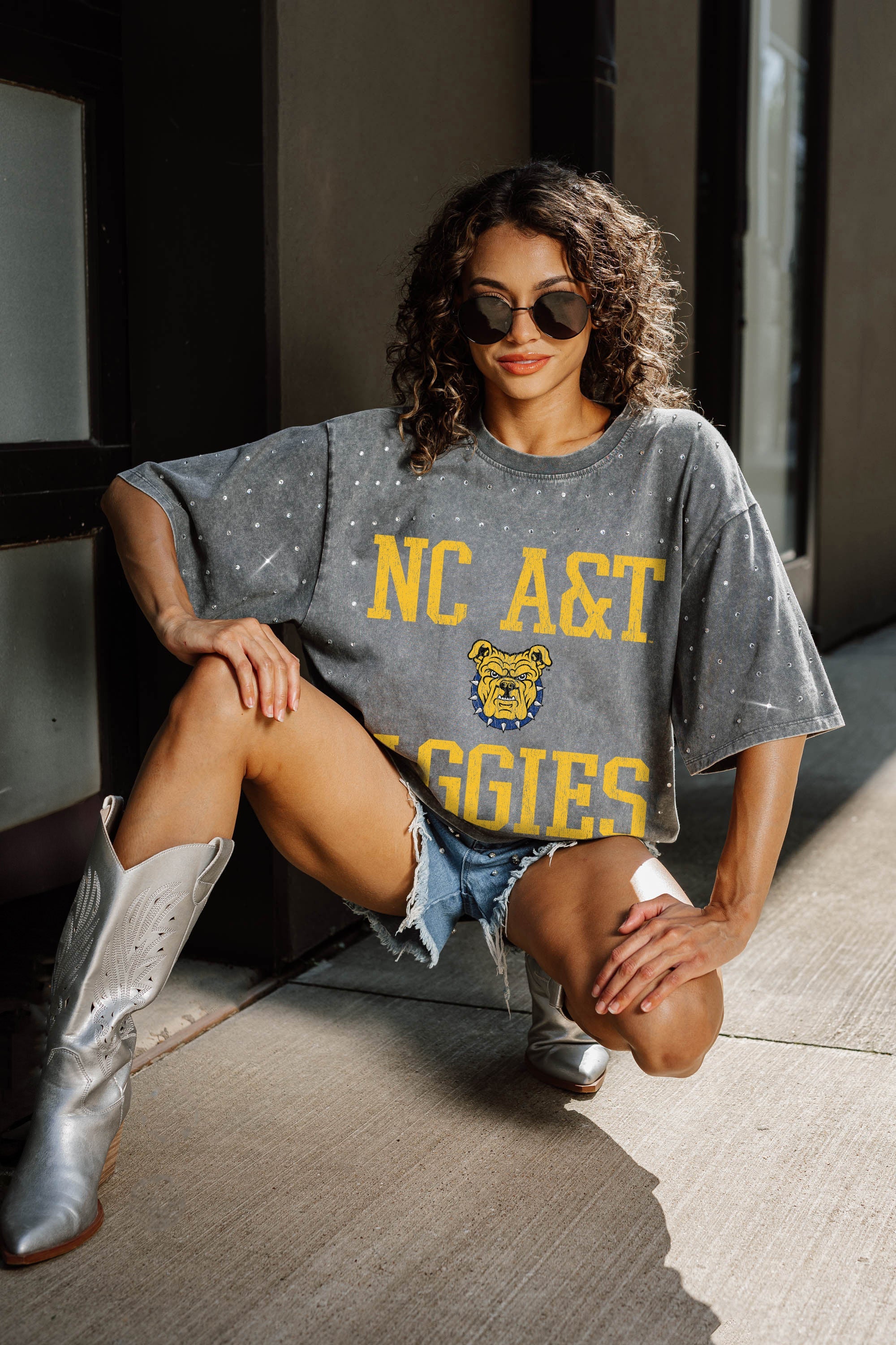 NORTH CAROLINA A&T STATE AGGIES ON THE BALL MINI RHINESTONE SHORT SLEEVE CLASSIC TEE