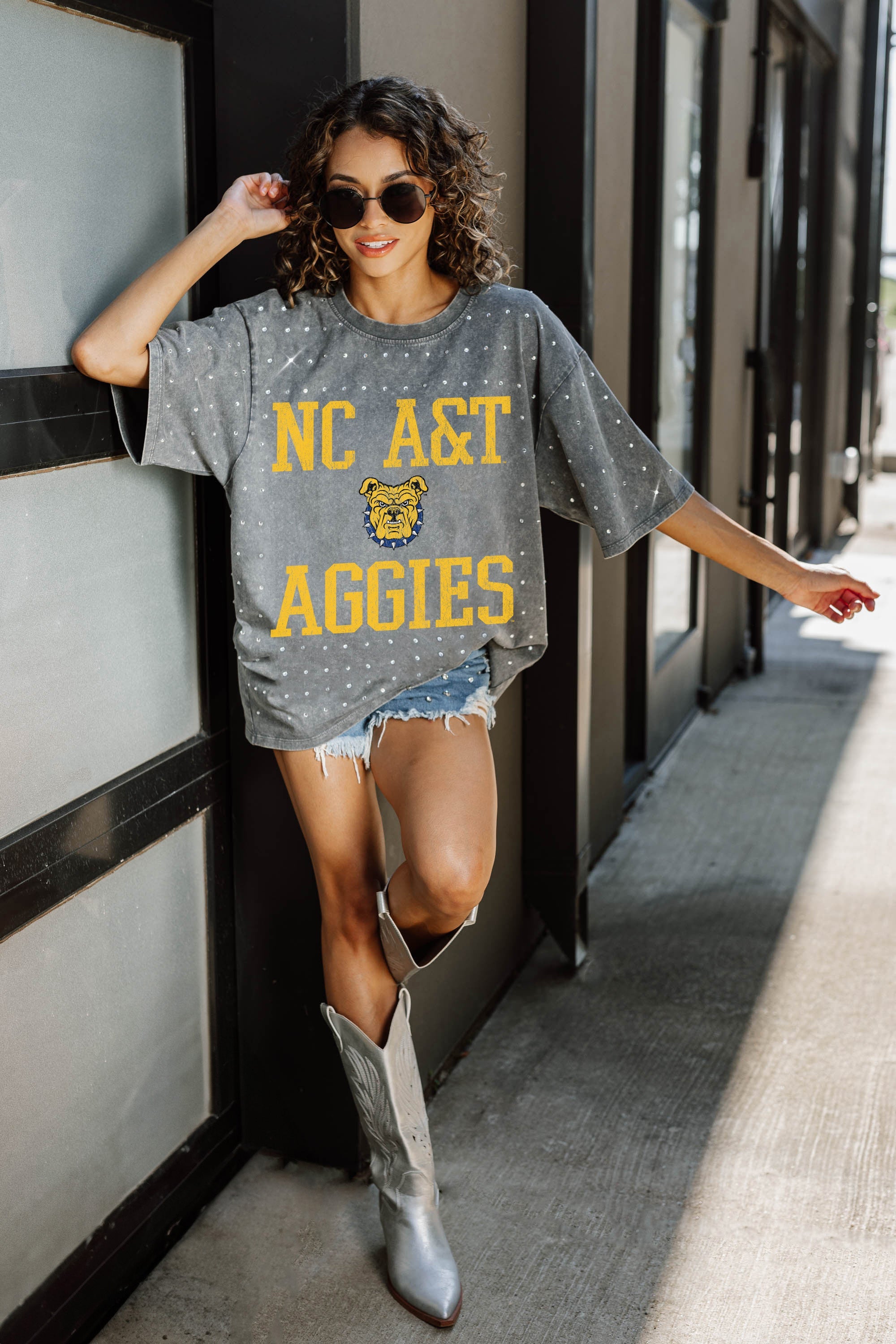 NORTH CAROLINA A&T STATE AGGIES ON THE BALL MINI RHINESTONE SHORT SLEEVE CLASSIC TEE