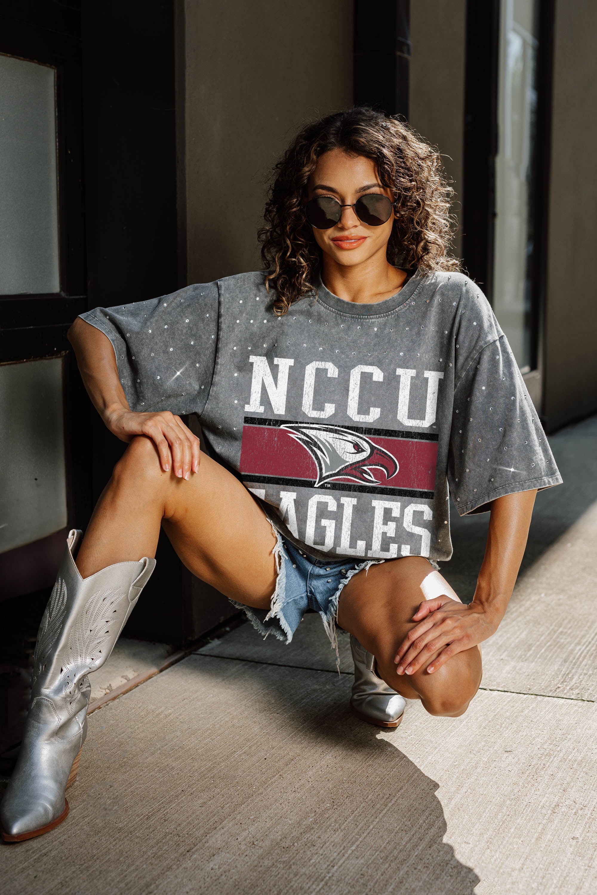 NORTH CAROLINA CENTRAL EAGLES ON THE BALL MINI RHINESTONE SHORT SLEEVE CLASSIC TEE