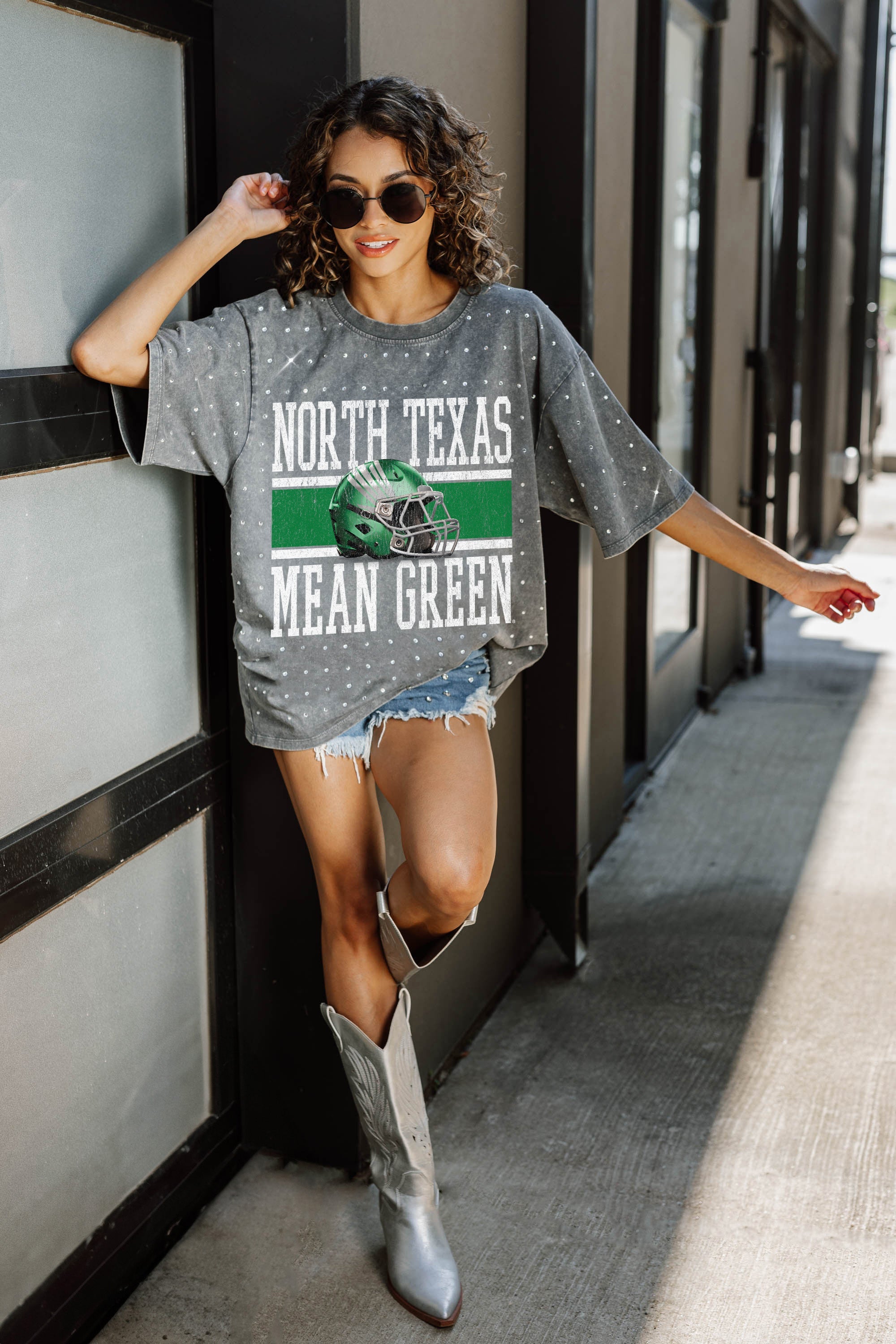 NORTH TEXAS MEAN GREEN ON THE BALL MINI RHINESTONE SHORT SLEEVE CLASSIC TEE