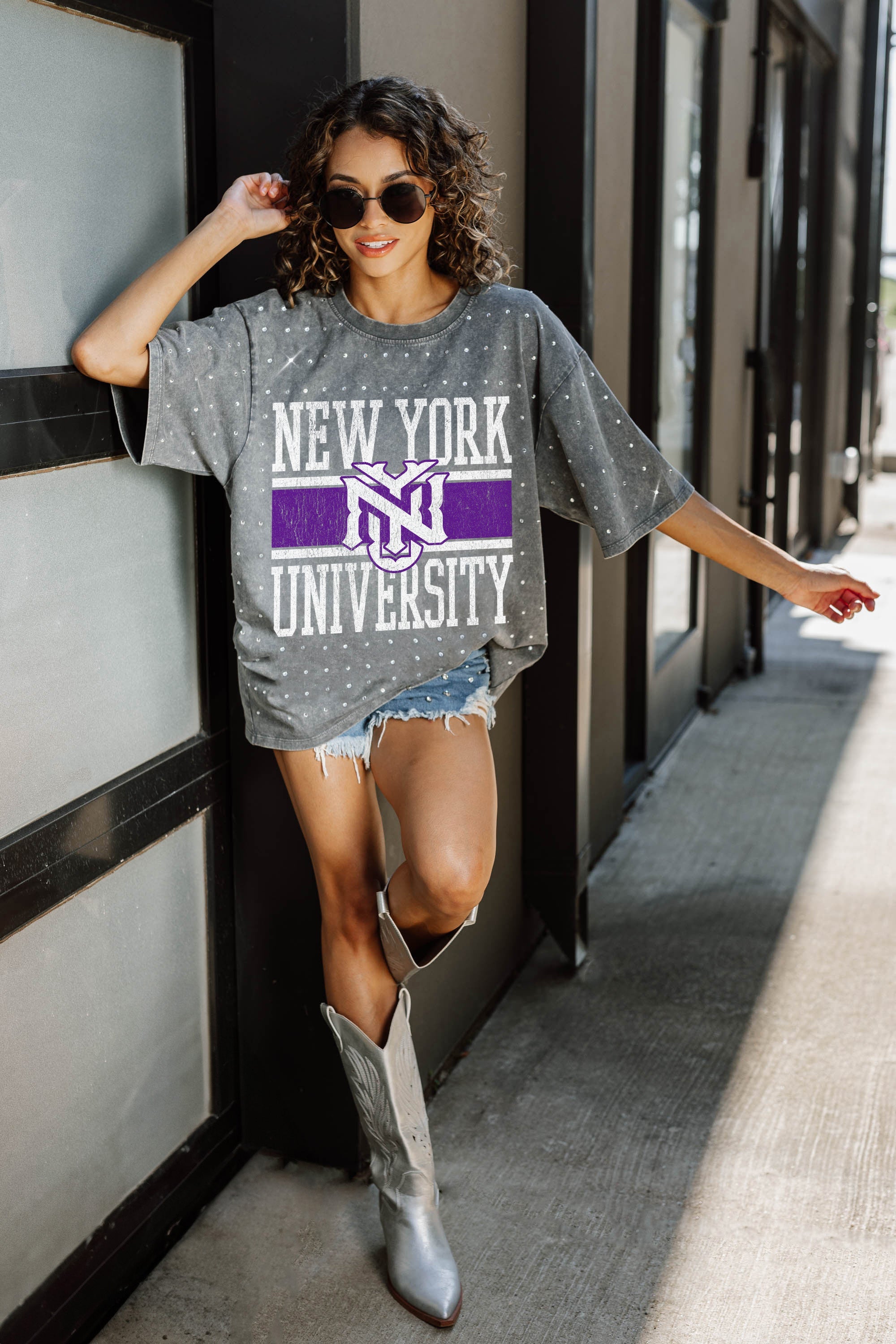 NEW YORK UNIVERSITY VIOLETS ON THE BALL MINI RHINESTONE SHORT SLEEVE CLASSIC TEE