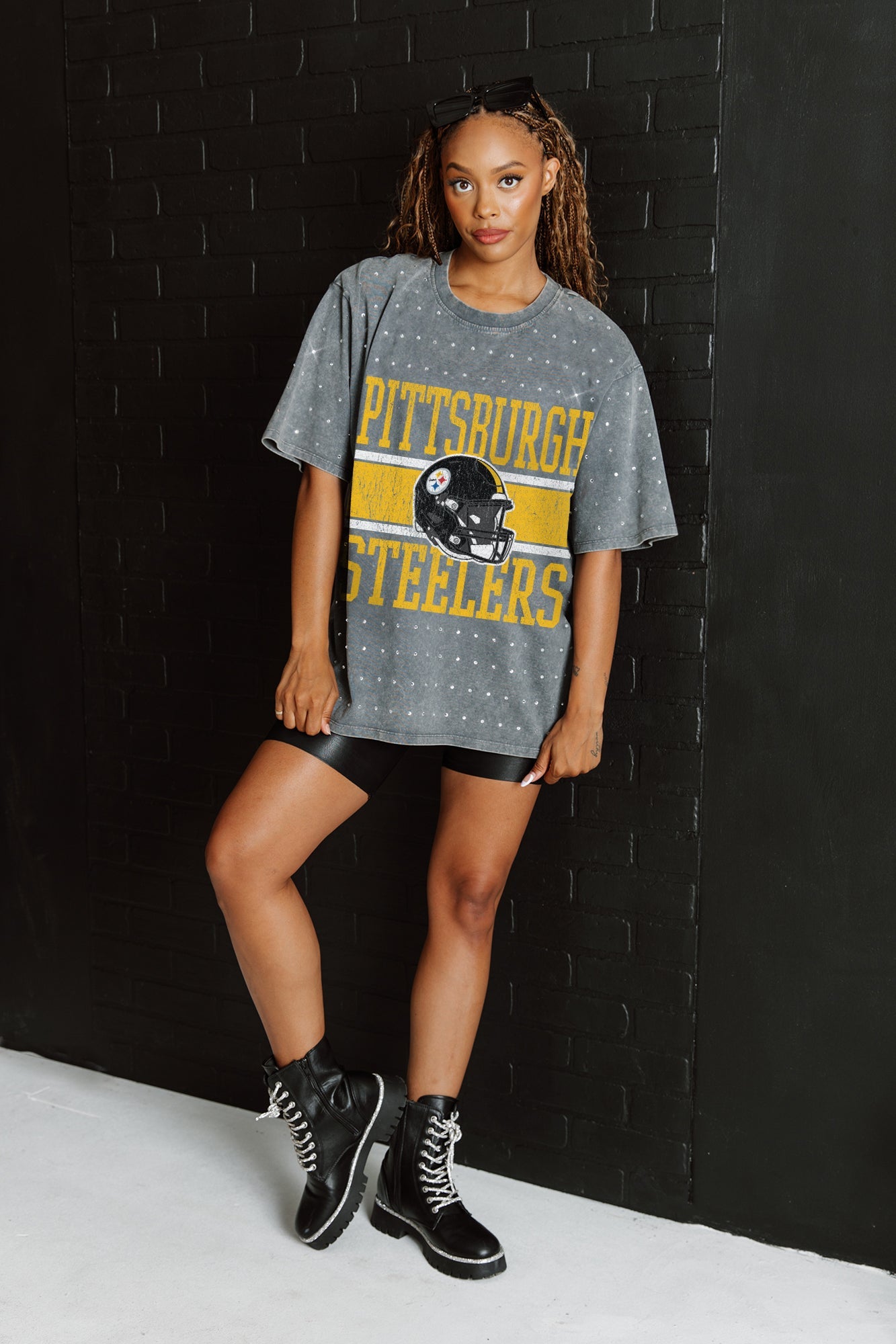 PITTSBURGH STEELERS ON THE BALL MINI RHINESTONE SHORT SLEEVE CLASSIC T Gameday Couture SOHO