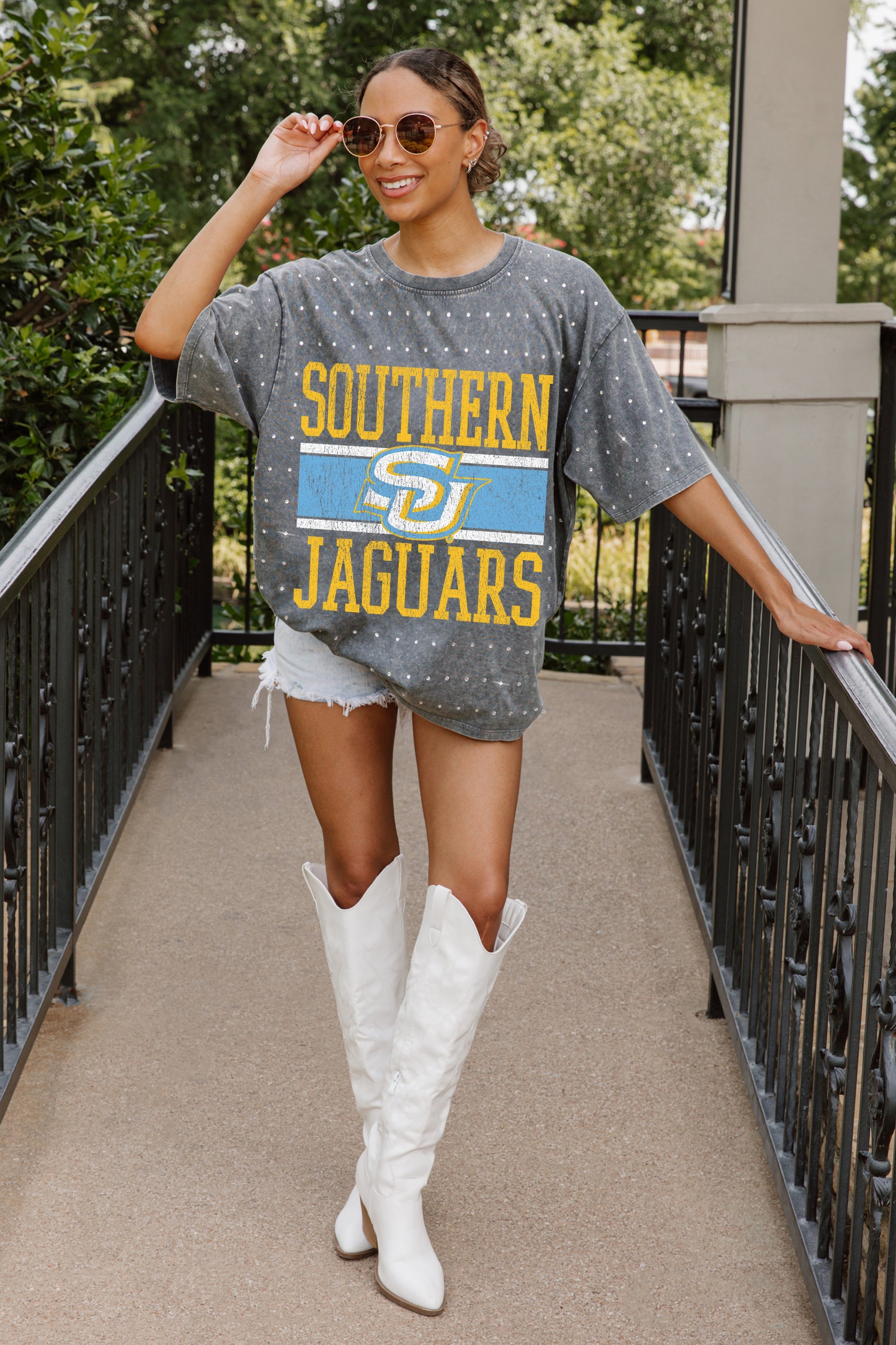 SOUTHERN JAGUARS ON THE BALL MINI RHINESTONE SHORT SLEEVE CLASSIC TEE