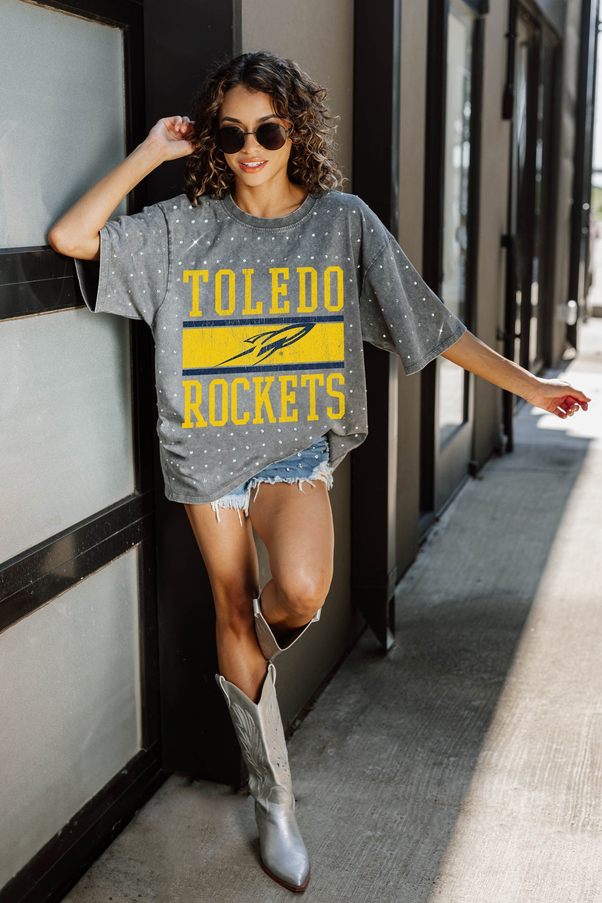 TOLEDO ROCKETS ON THE BALL MINI RHINESTONE SHORT SLEEVE CLASSIC TEE