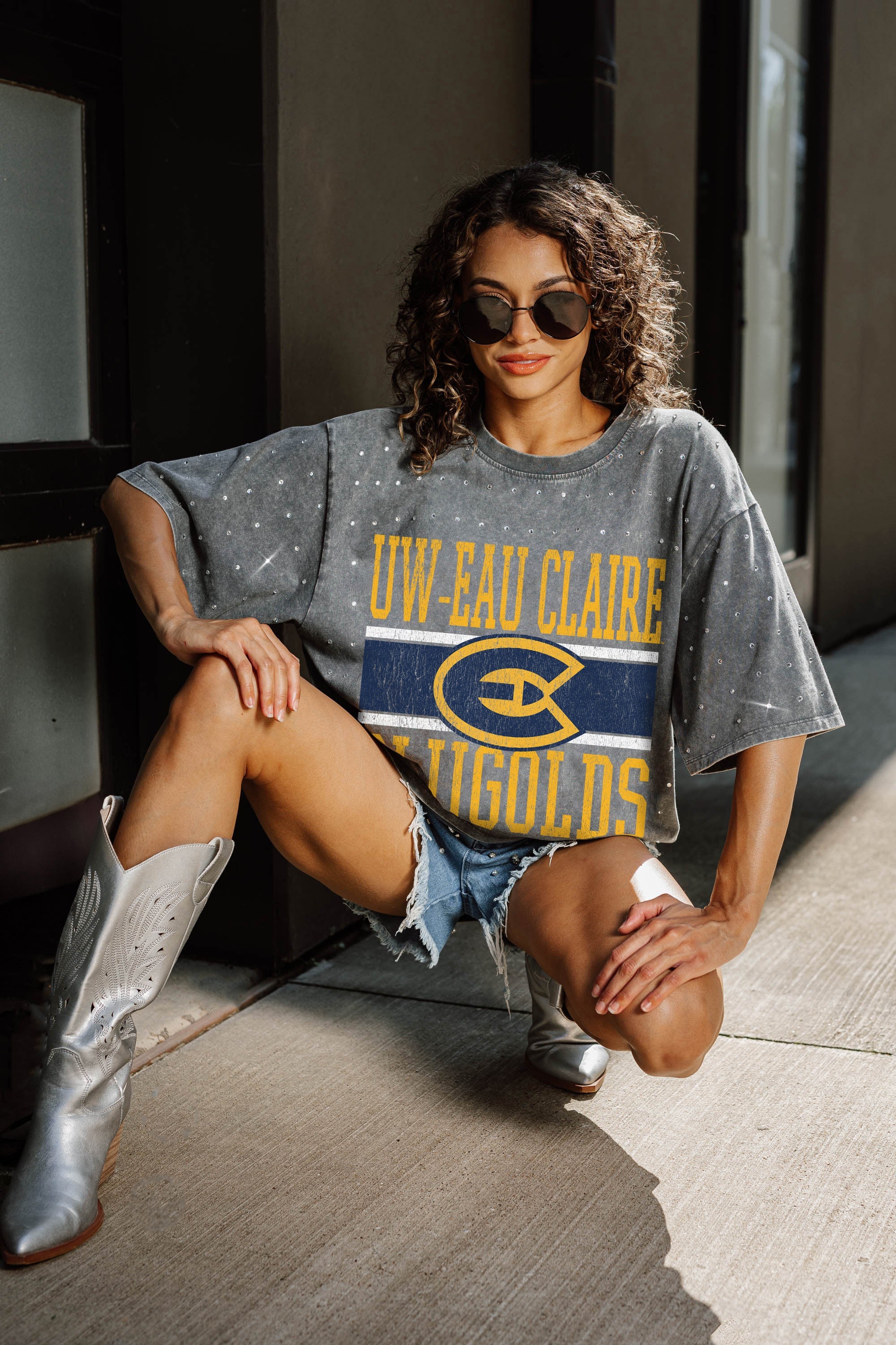 WISCONSIN-EAU CLAIRE BLUGOLDS ON THE BALL MINI RHINESTONE SHORT SLEEVE CLASSIC TEE