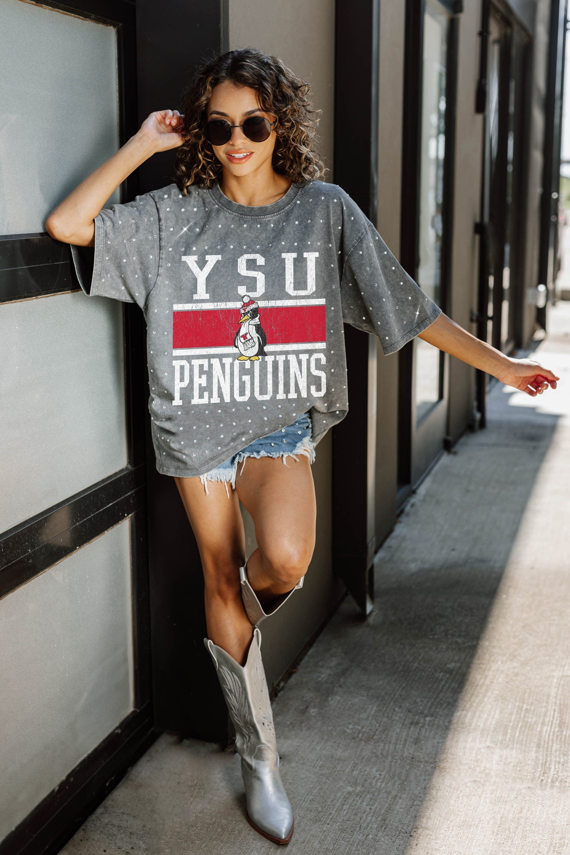 YOUNGSTOWN STATE PENGUINS ON THE BALL MINI RHINESTONE SHORT SLEEVE CLASSIC TEE