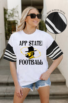 APPALACHIAN STATE MOUNTAINEERS STARTING LINEUP VINTAGE LOOK SHORT SLEEVE SPORTS STRIPE RAGLAN TEE