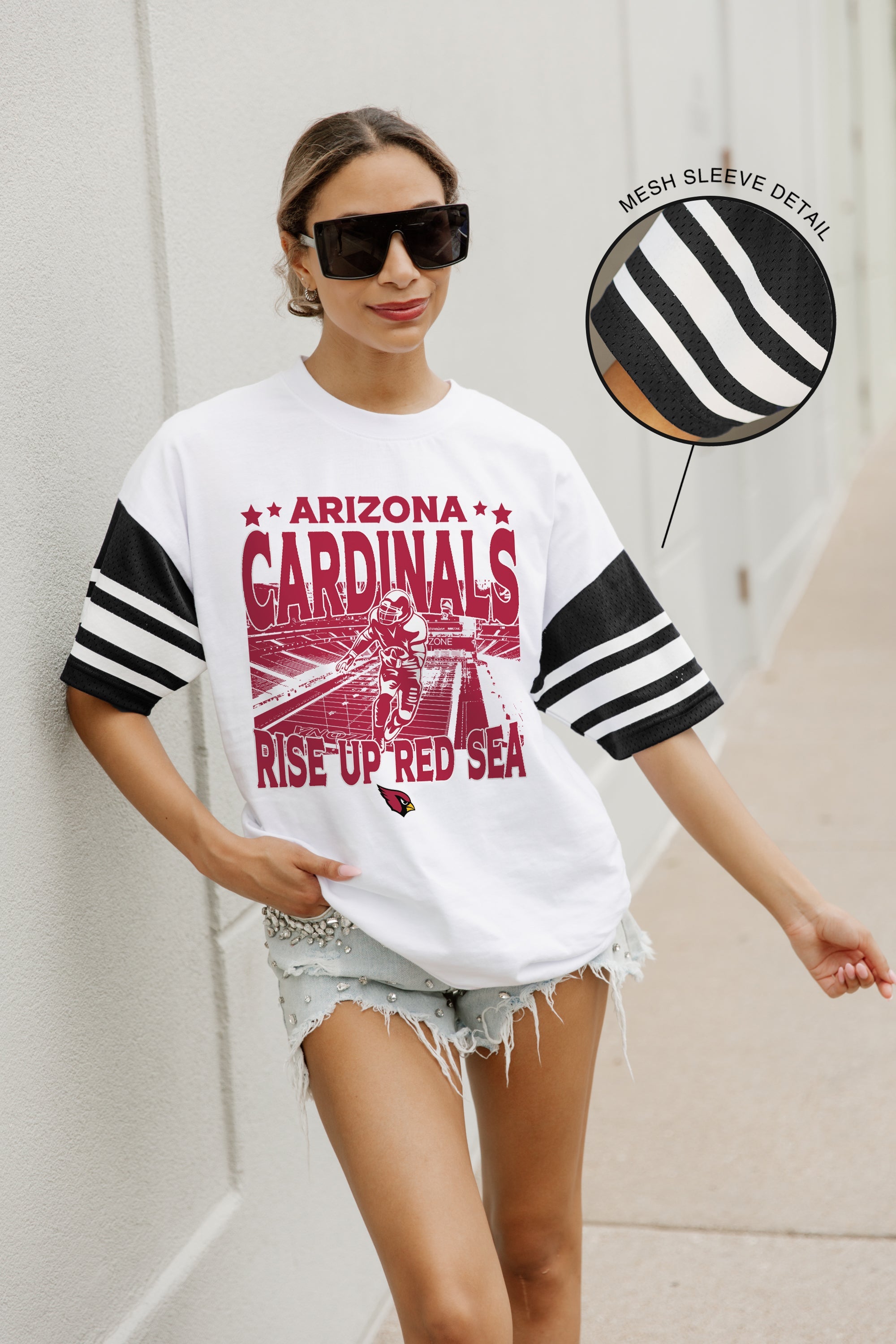 ARIZONA CARDINALS CROWD PLEASER VINTAGE LOOK SHORT SLEEVE SPORTS STRIPE RAGLAN TEE