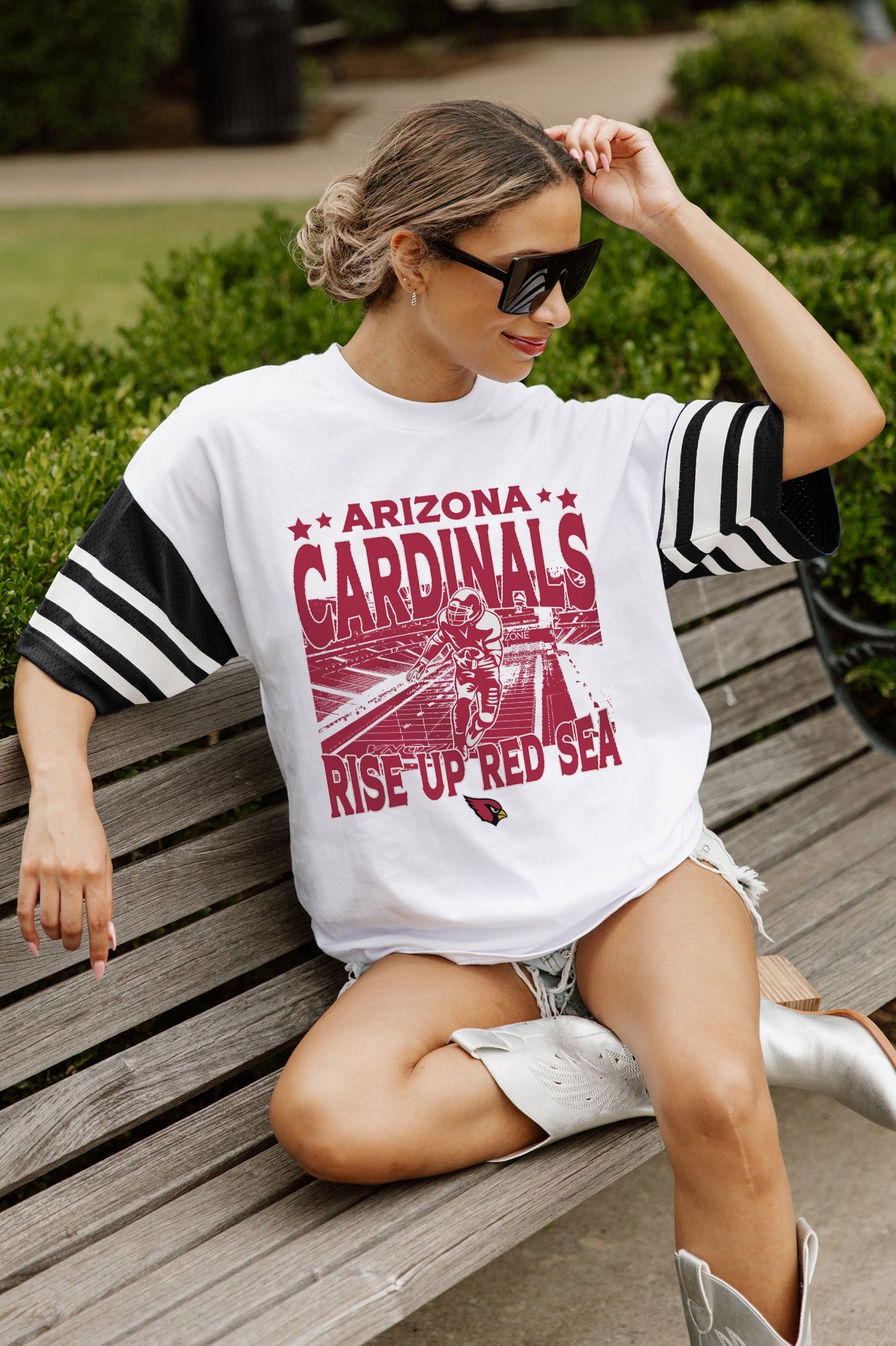 ARIZONA CARDINALS CROWD PLEASER VINTAGE LOOK SHORT SLEEVE SPORTS STRIPE RAGLAN TEE