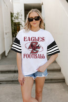 BOSTON COLLEGE EAGLES STARTING LINEUP VINTAGE LOOK SHORT SLEEVE SPORTS STRIPE RAGLAN TEE